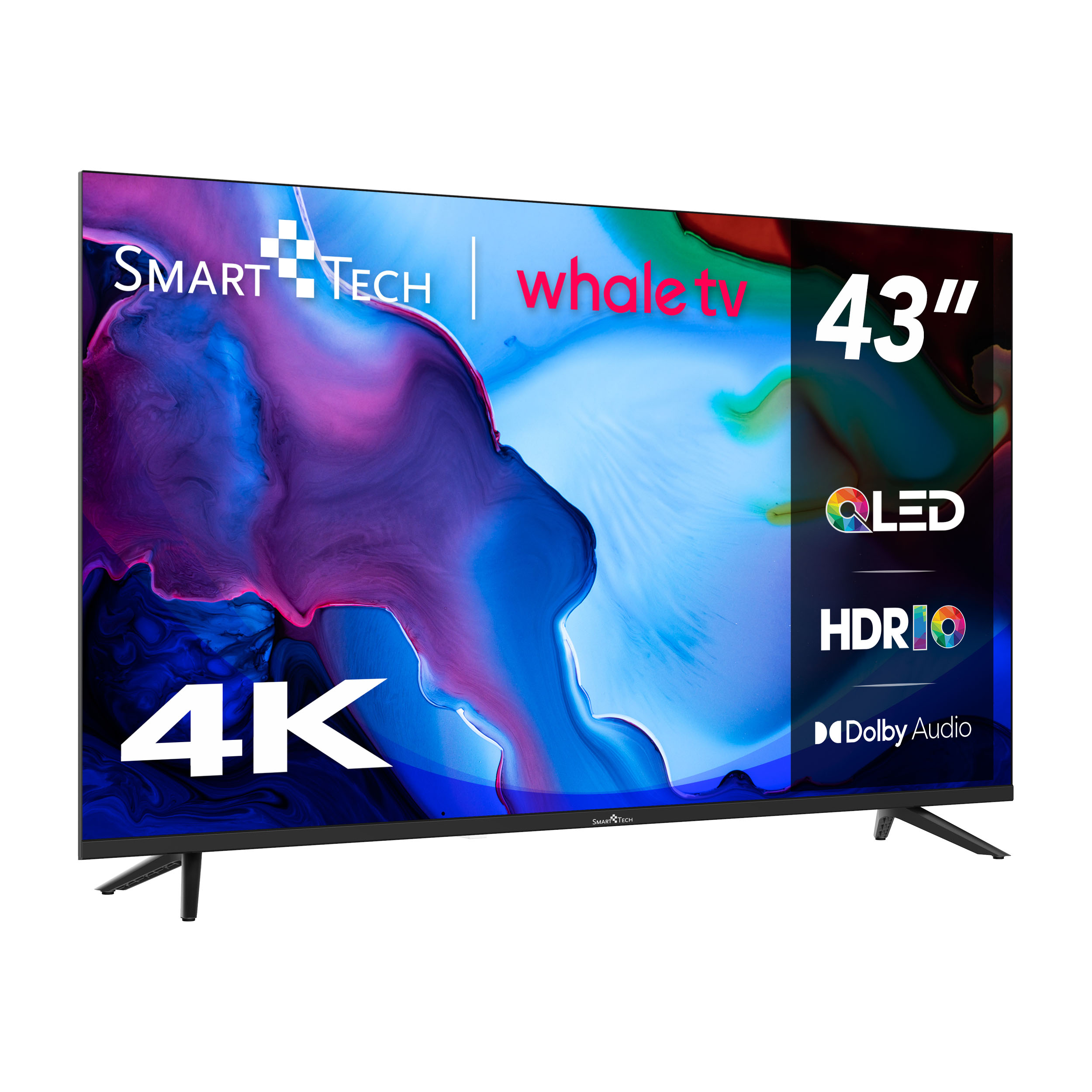 Ein 43-Zoll-Smart-Tech-Fernseher mit 4K-Auflösung, QLED, HDR und Dolby Audio. Er hat einen bunten abstrakten Hintergrund.