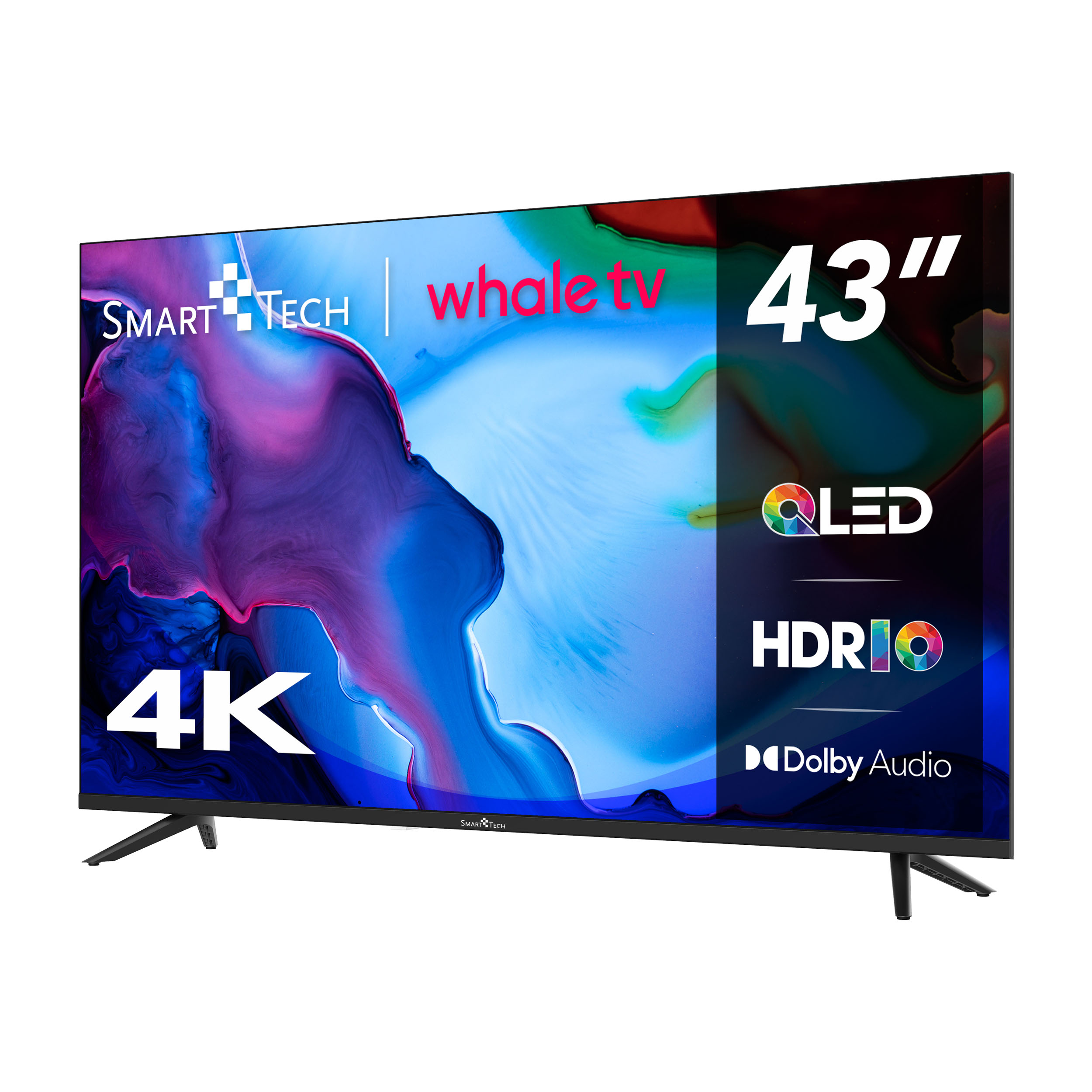 Ein 43-Zoll-Smart-Tech-Fernseher mit 4K, QLED, HDR10 und Dolby Audio. Er hat schwarze Beine und einen farbenfrohen Bildschirm.