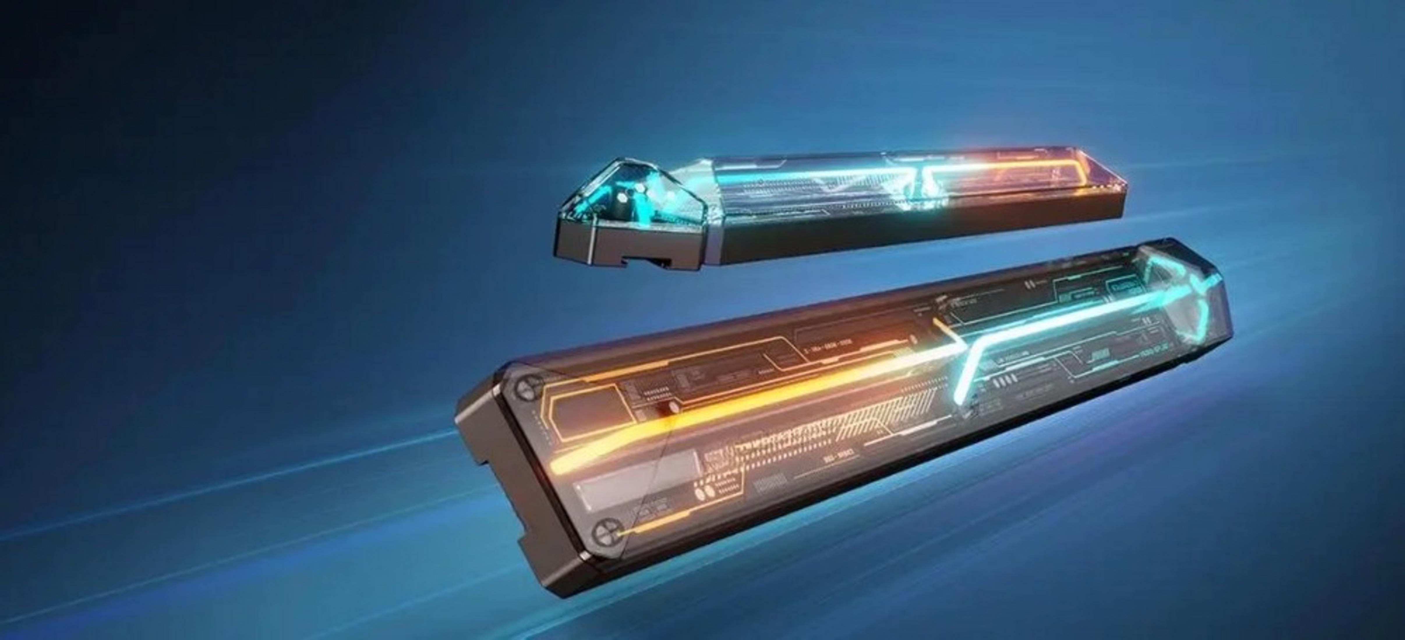 Dwa futurystyczne urządzenia ze świecącymi pomarańczowymi i niebieskimi światłami unoszą się na ciemnoniebieskim tle.