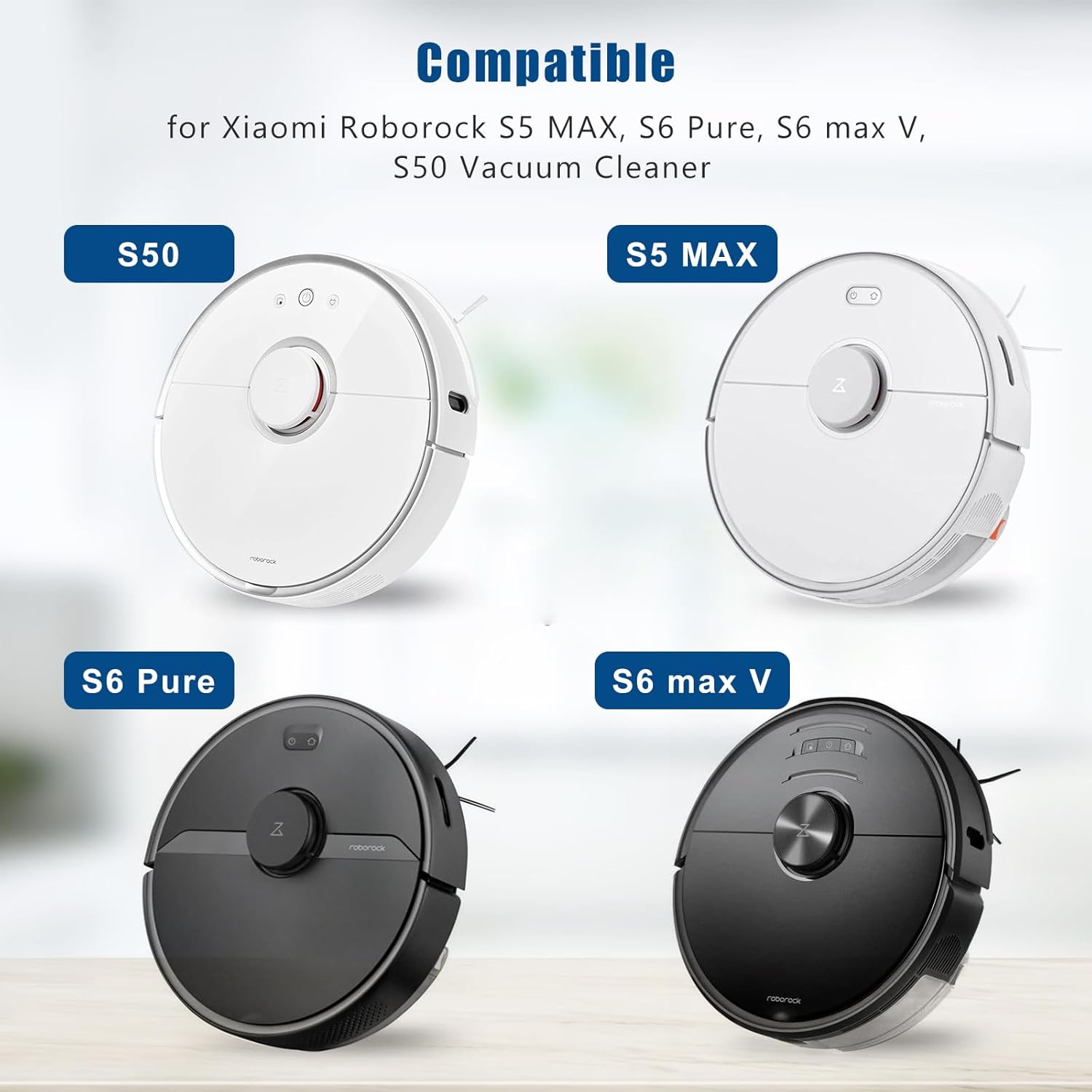 Obraz przedstawia cztery roboty odkurzające: dwa białe (S50, S5 MAX) i dwa czarne (S6 Pure, S6 max V), z tekstem 'Kompatybilny'.