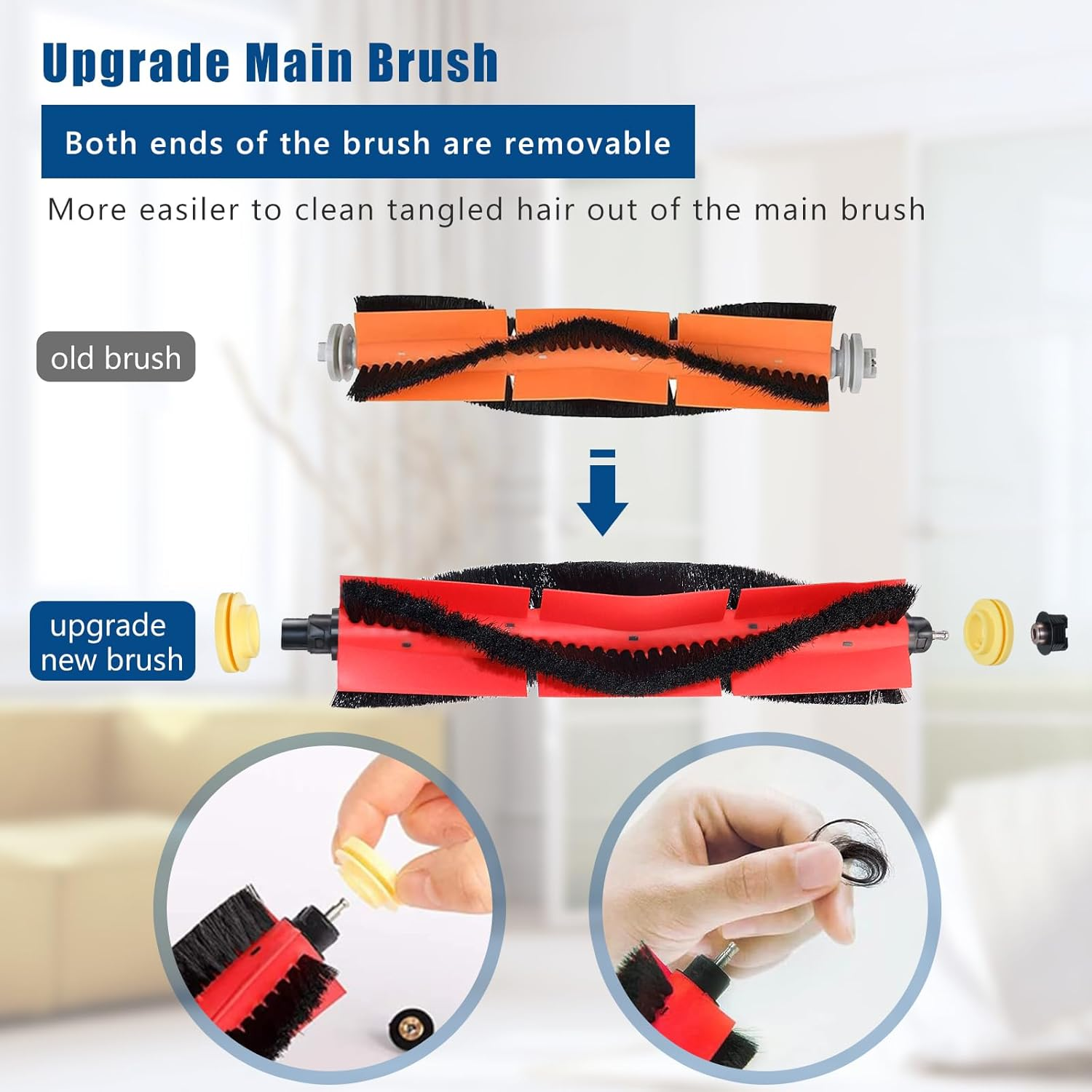 Obrazek przedstawia pomarańczową i czerwoną szczotkę do odkurzacza, ze szczegółami dotyczącymi usuwania włosów. Ręce pokazują usuwanie części.