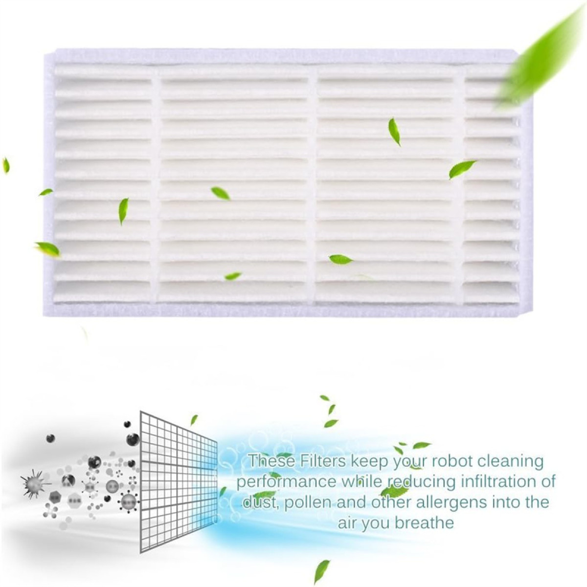 Biały filtr powietrza z zielonymi liśćmi. Tekst: Filtry utrzymują wydajność czyszczenia robota, redukując kurz i alergeny.