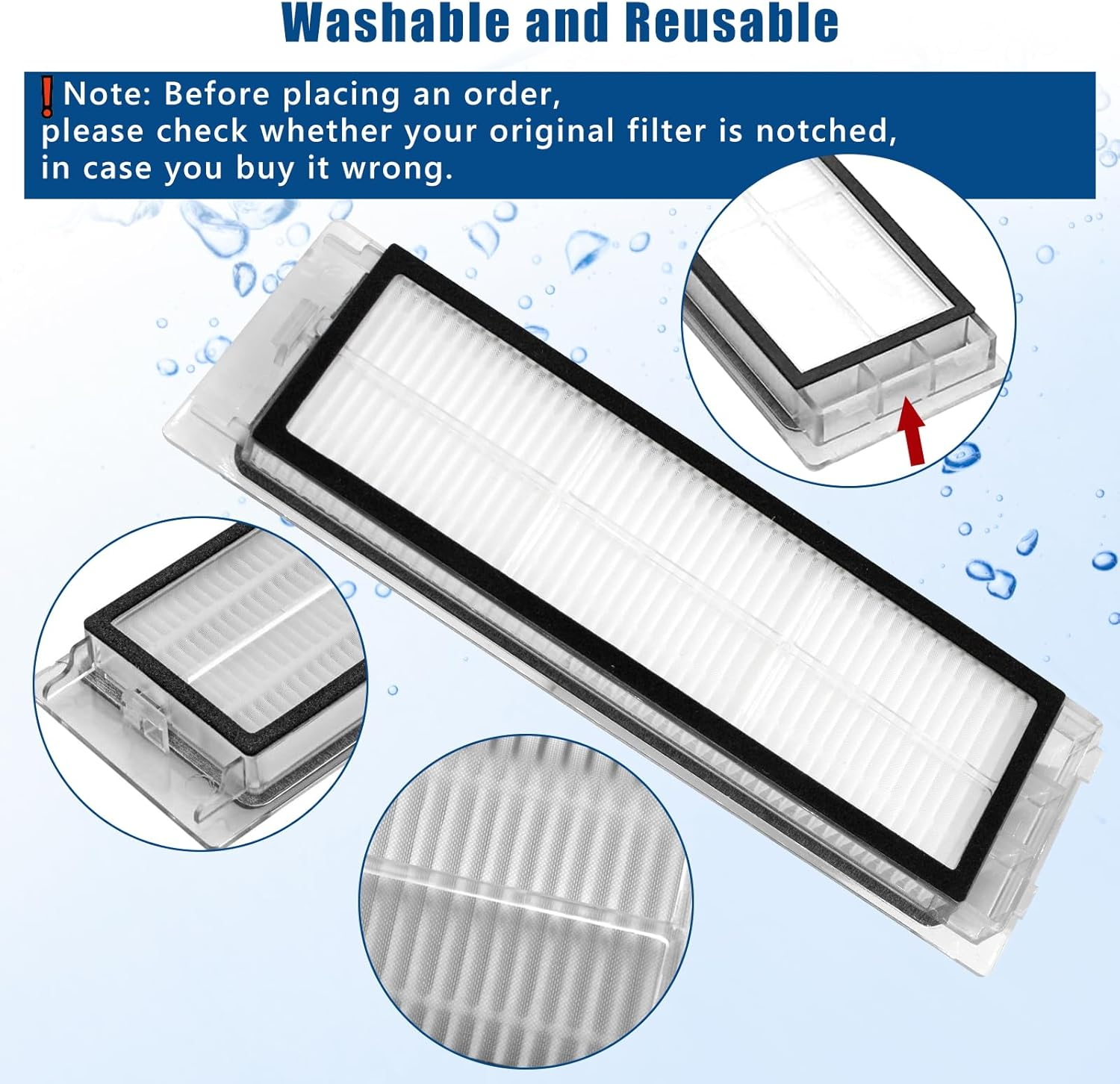 Obraz przedstawia filtr z czarną ramką i białym materiałem filtrującym, z wstawkami zbliżeniowymi. Nakładki tekstowe mówią: 'Zmywalny i wielokrotnego użytku'.