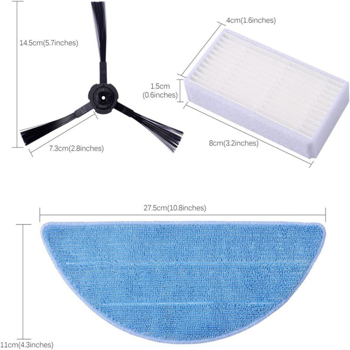 Trzy części odkurzacza: szczotka, filtr i nakładka do mopowania. Wymiary w centymetrach i calach.