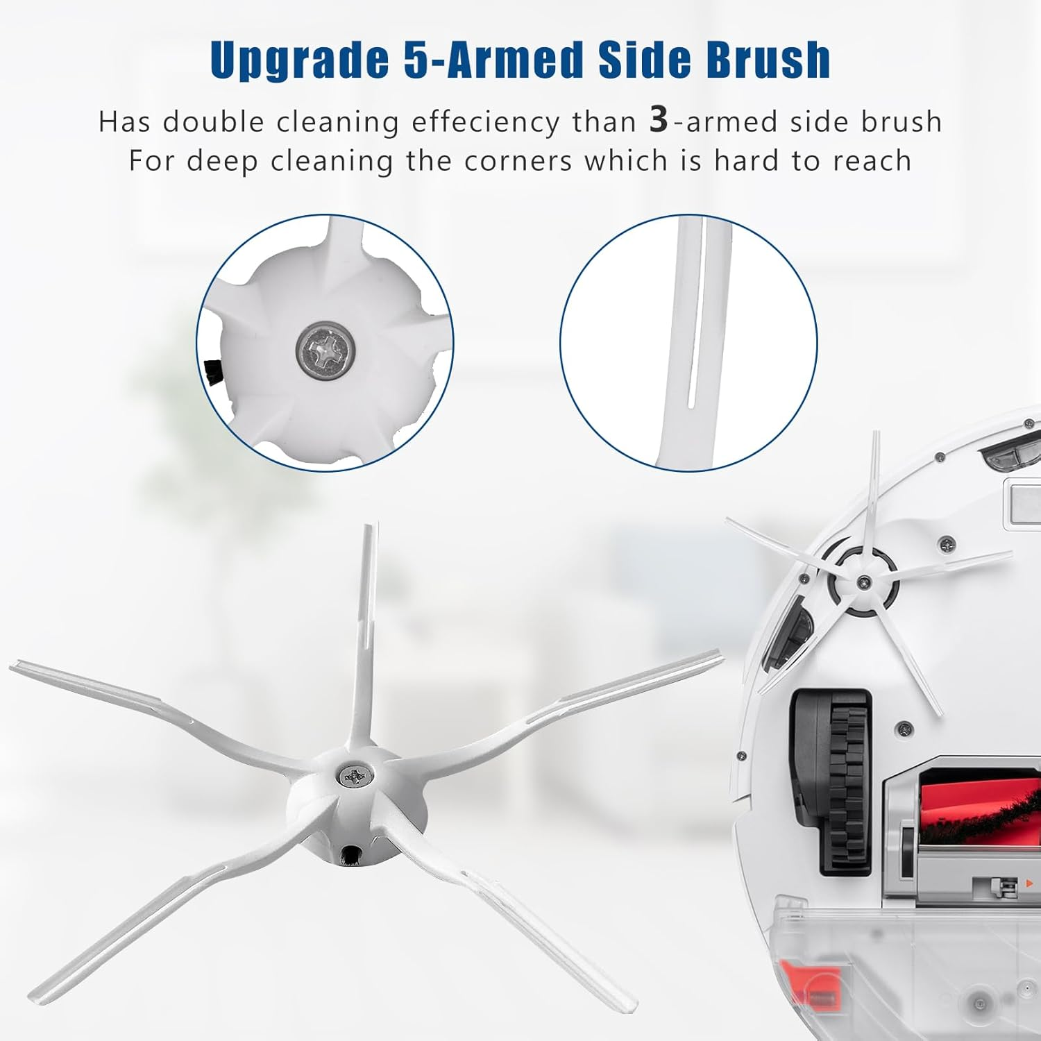 Obraz przedstawia 5-ramienną szczotkę boczną do odkurzacza. Porównuje ją ze szczotką 3-ramienną, z zbliżeniami.