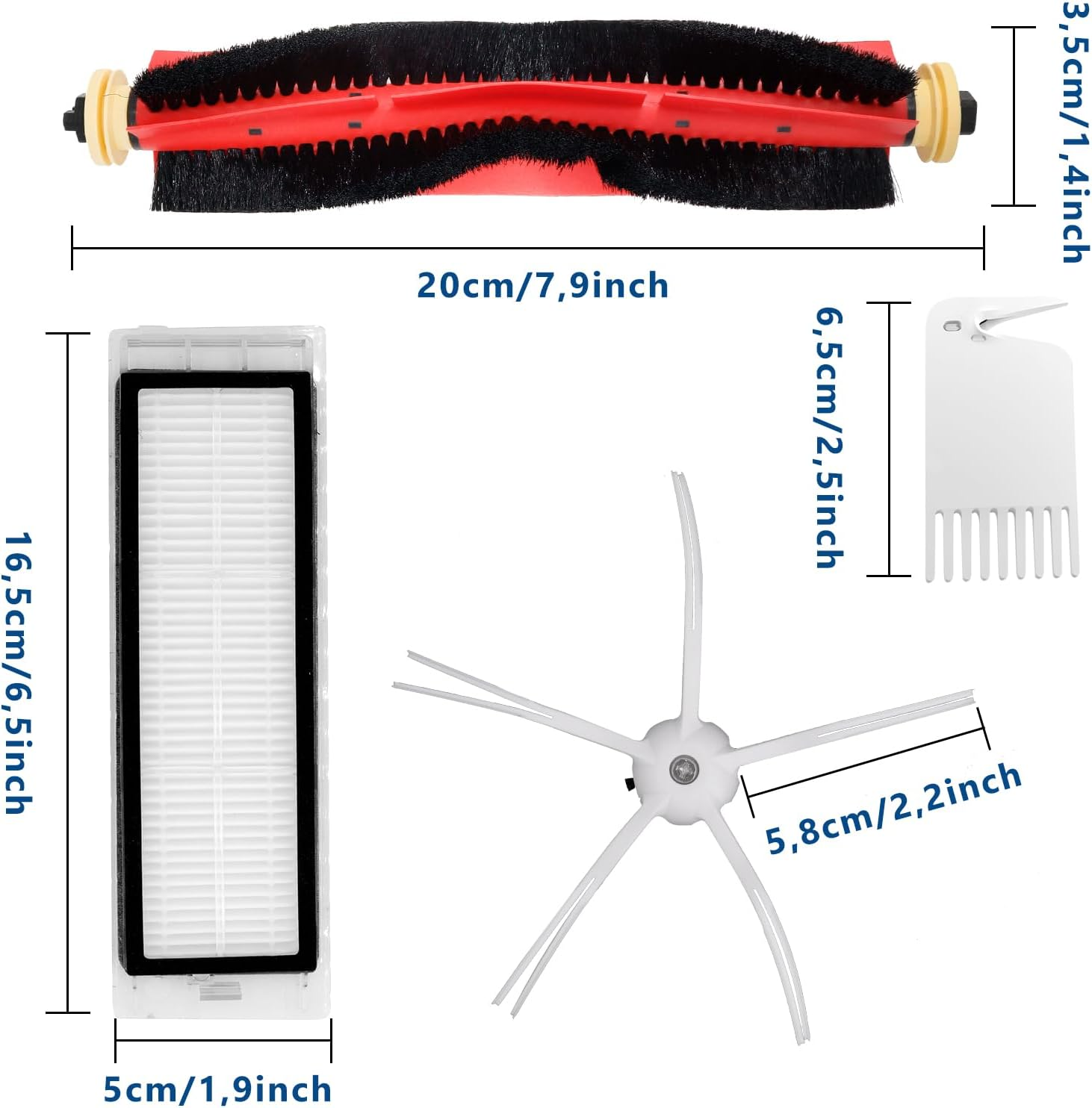 Zdjęcie przedstawia części odkurzacza: szczotkę, filtr, narzędzie do czyszczenia i pięcioramienną szczotkę. Wymiary są również wyświetlane.