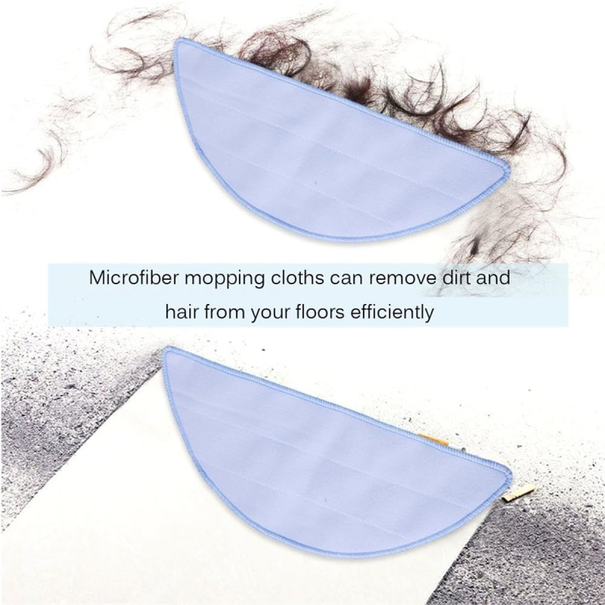 Dwie niebieskie ściereczki do mopowania z mikrofibry z włosami i brudem na białej powierzchni, tekst poniżej: ściereczki do mopowania.
