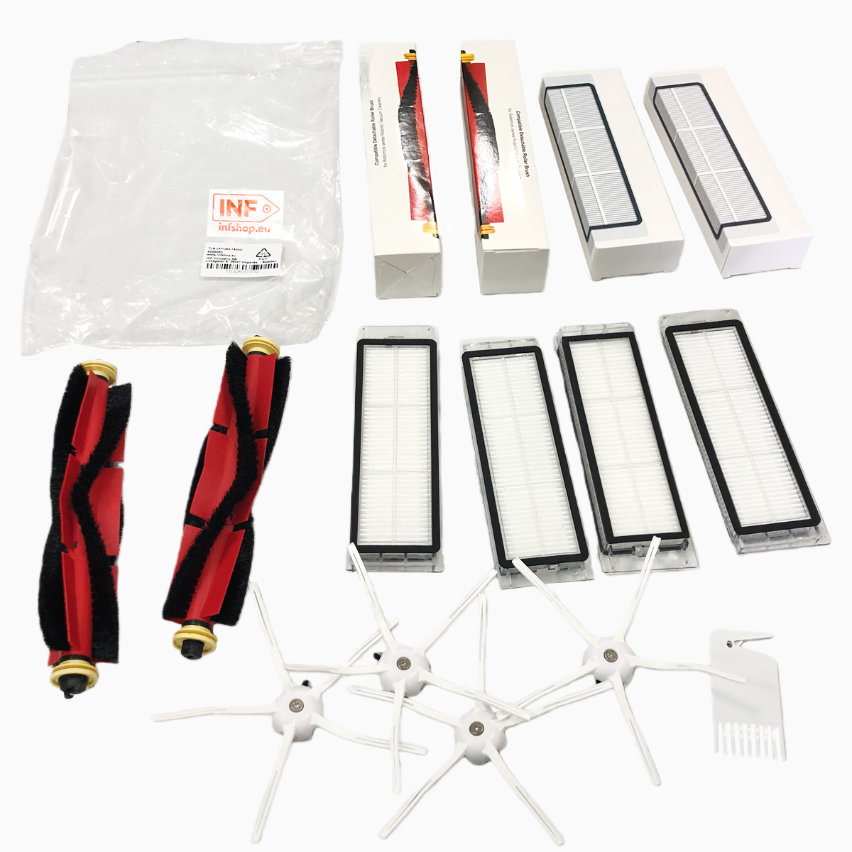 Części do odkurzacza: szczotki, filtry i inne akcesoria ułożone na białej powierzchni, w tym pudełka i plastikowa torba.