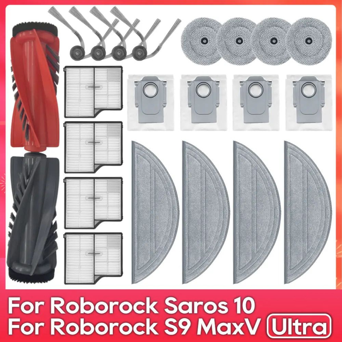 Accessori per aspirapolvere Roborock: spazzole, filtri, cuscinetti e sacchetti. Testo in basso: Per Roborock Saros 10 e S9 MaxV Ultra.