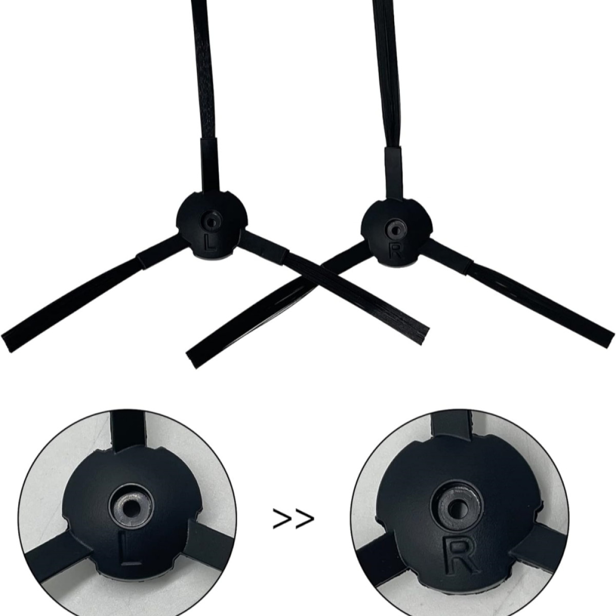 Dwie czarne szczotki do robota sprzątającego, oznaczone 'L' i 'R', ze szczegółami środka i strzałką kierunkową.