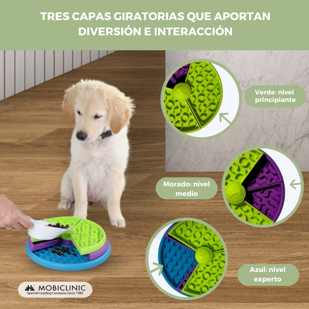Un cachorro golden retriever está cerca de un rompecabezas para perros. El rompecabezas tiene capas giratorias en verde, morado y azul. Una mano sostiene una cuchara.