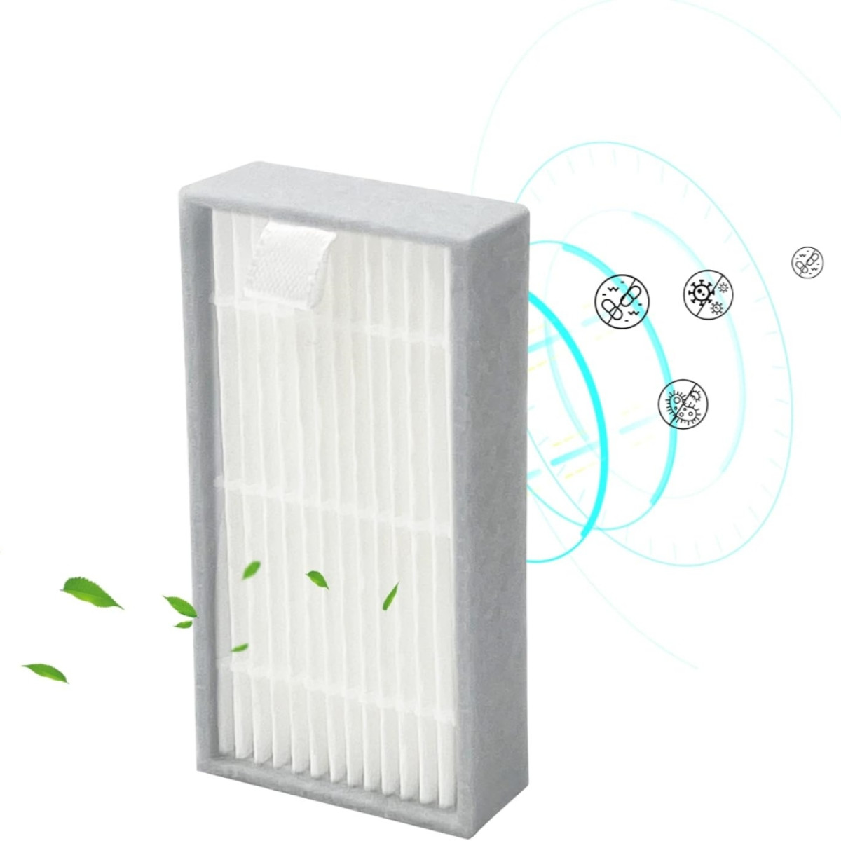 Prostokątny filtr powietrza z białym wnętrzem z siatki i szarą ramą. Zielone liście i abstrakcyjne ikony wokół filtra.