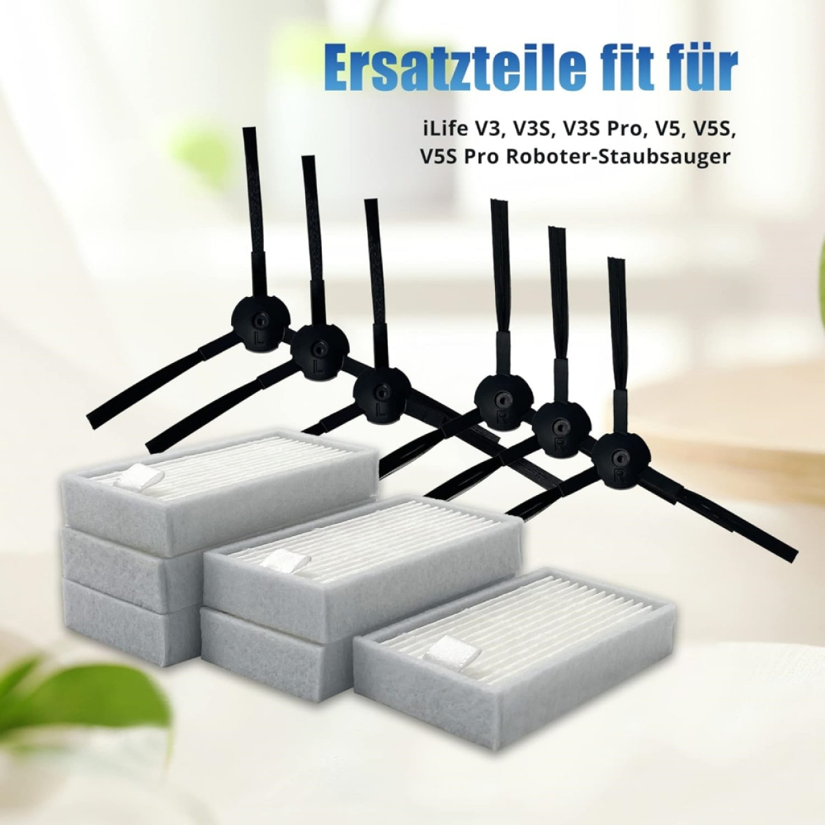 Obraz przedstawia części zamienne do odkurzacza robota: filtry i szczotki. Niemiecki tekst: 'części do iLife...'