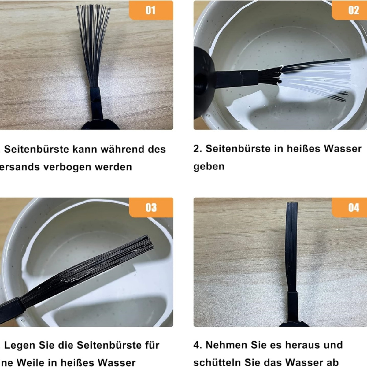 Cztery obrazy pokazują szczotkę boczną prostowaną gorącą wodą. Szczotka jest umieszczana w wodzie, a następnie wyjmowana i potrząsana.