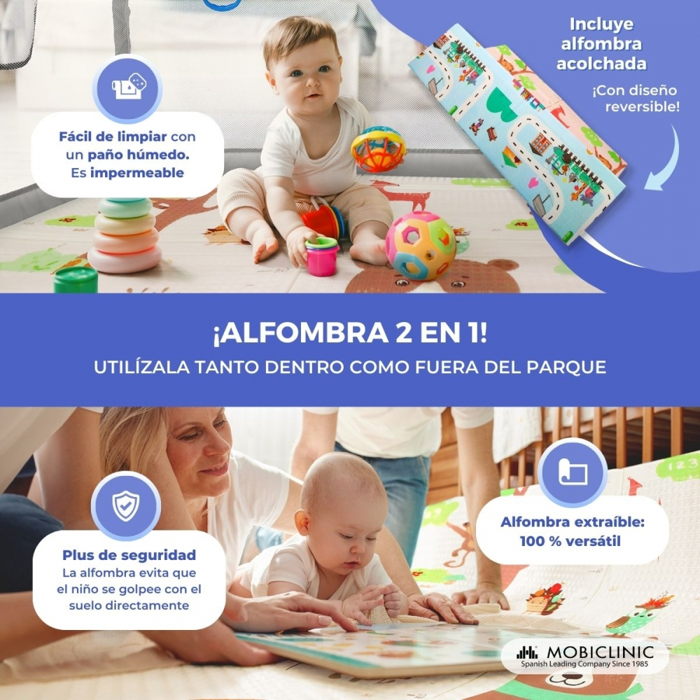 Un bebé sentado en una colchoneta con juguetes. Un adulto está con el bebé en la colchoneta, y una segunda colchoneta enrollada en el fondo.