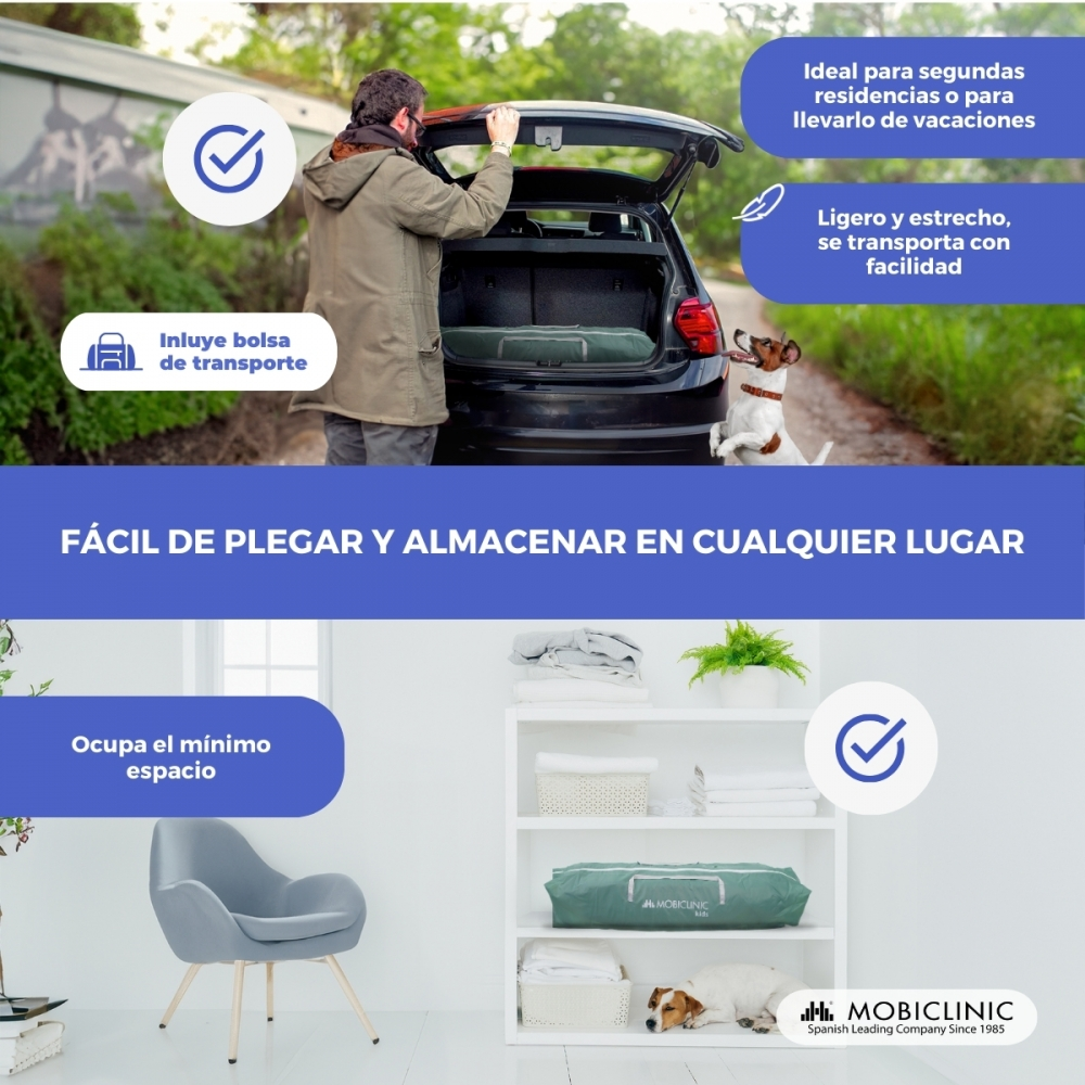 Hombre cargando maletero. Perro salta cerca. Texto: Fácil de plegar y guardar. Ideal para casas de vacaciones. Ligero para fácil transporte.