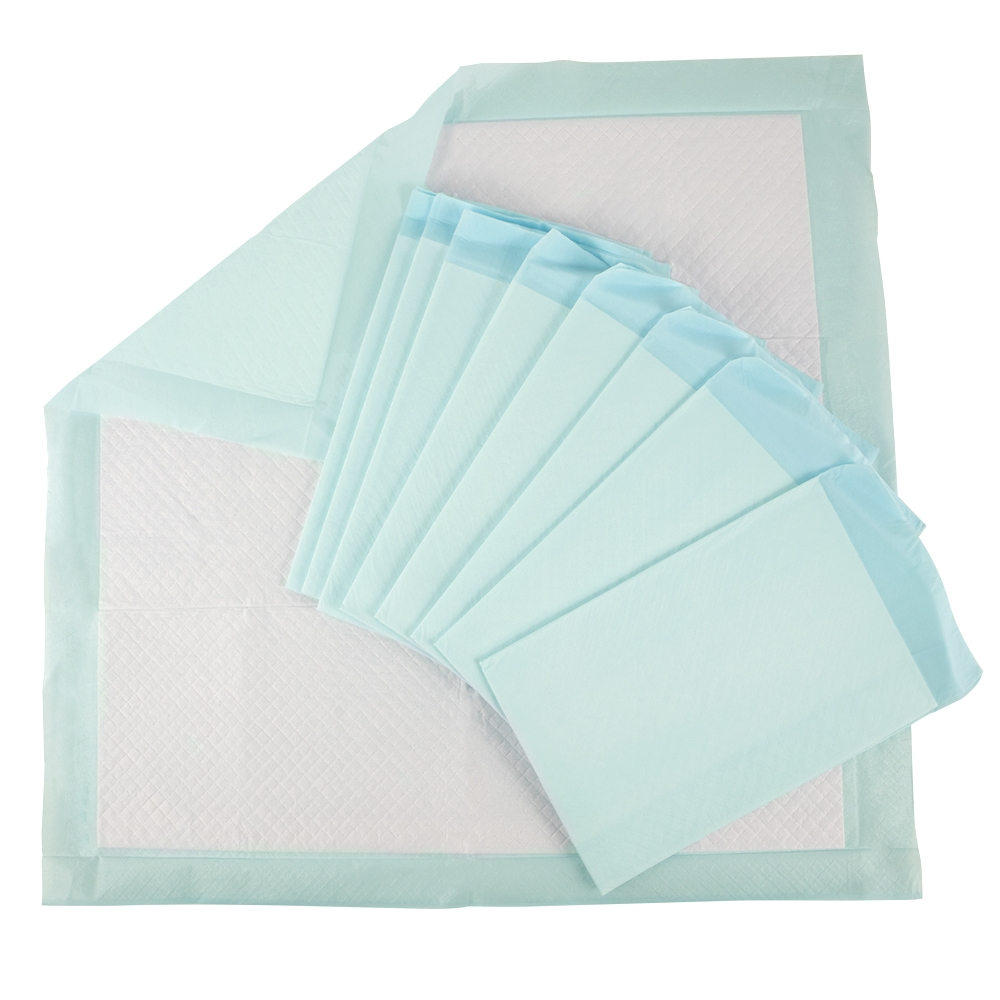 Diversi assorbenti blu chiaro e bianchi disposti su una superficie bianca. I tamponi hanno una forma rettangolare, con bordi blu.