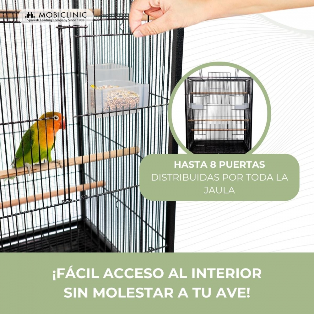 Una jaula con un loro colorido dentro. La jaula tiene varias puertas y comederos. El texto dice acceso fácil sin molestar al ave.