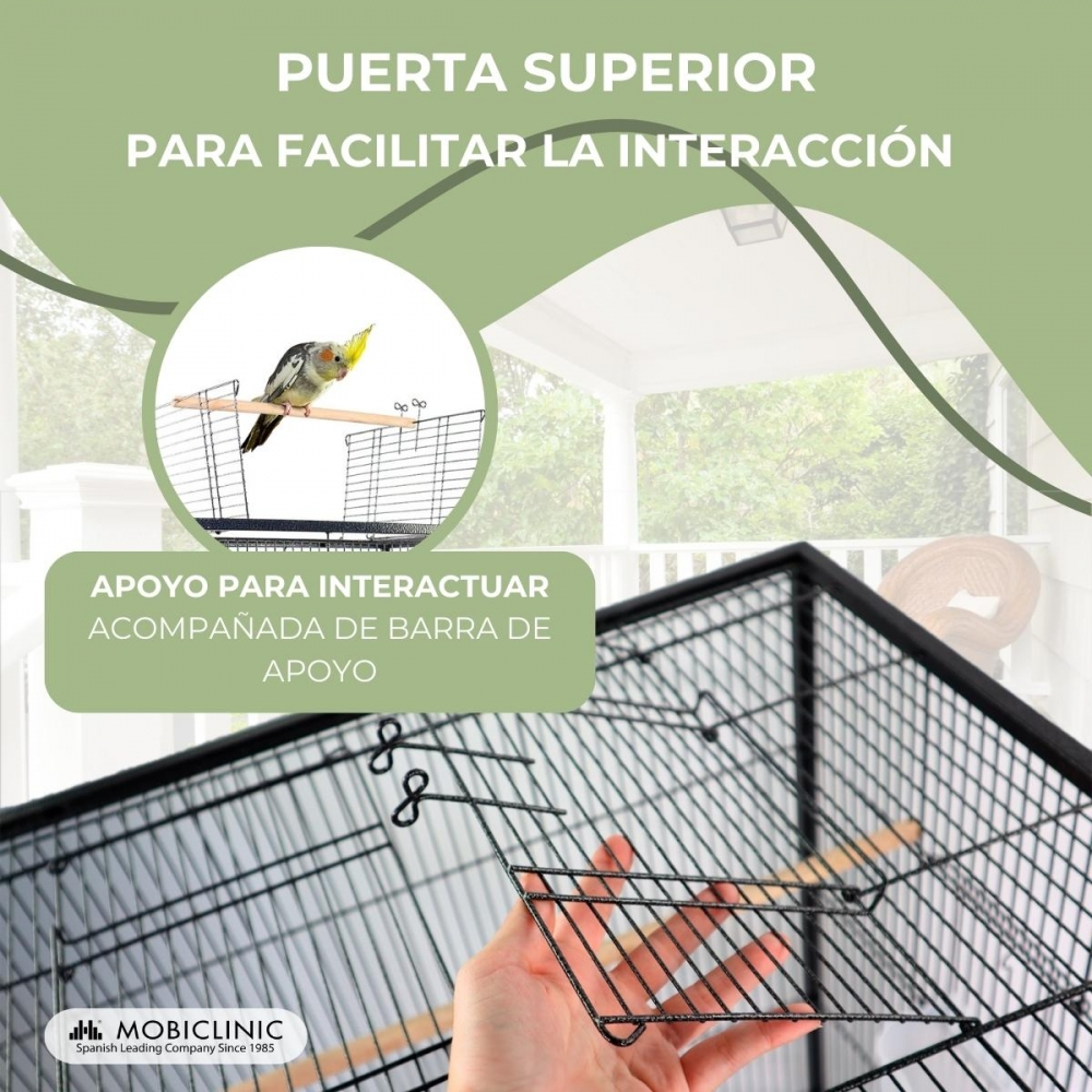 Un pájaro en una jaula, una mano sosteniendo parte de la jaula y el texto que dice 'PUERTA SUPERIOR PARA FACILITAR LA INTERACCIÓN'.