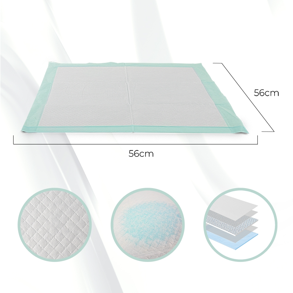 Un tampone assorbente bianco con bordo verde acqua, dimensioni 56 cm. Tre cerchi di dettaglio: trama trapuntata, gel blu, diagramma degli strati.