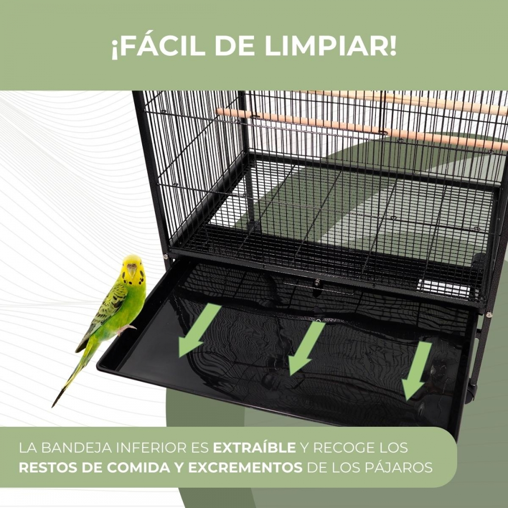 Una jaula con un periquito verde a la izquierda. La jaula tiene una bandeja extraíble. El texto dice fácil de limpiar.