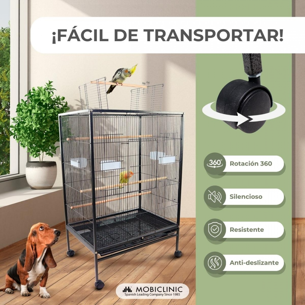 Una jaula con pájaros, un perro y características como rotación 360 y ruedas silenciosas se muestran.