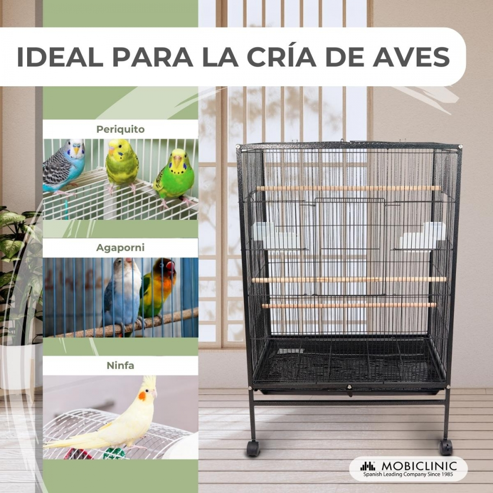 Una jaula para pájaros está junto a un panel con imágenes de pájaros. El texto dice 'Ideal para la cría de aves'.
