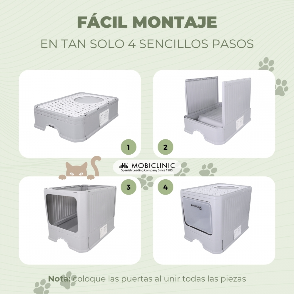 Imagen muestra el montaje de una caja de arena para gatos en cuatro pasos. Cada paso muestra la construcción de la caja. Instrucciones en español.