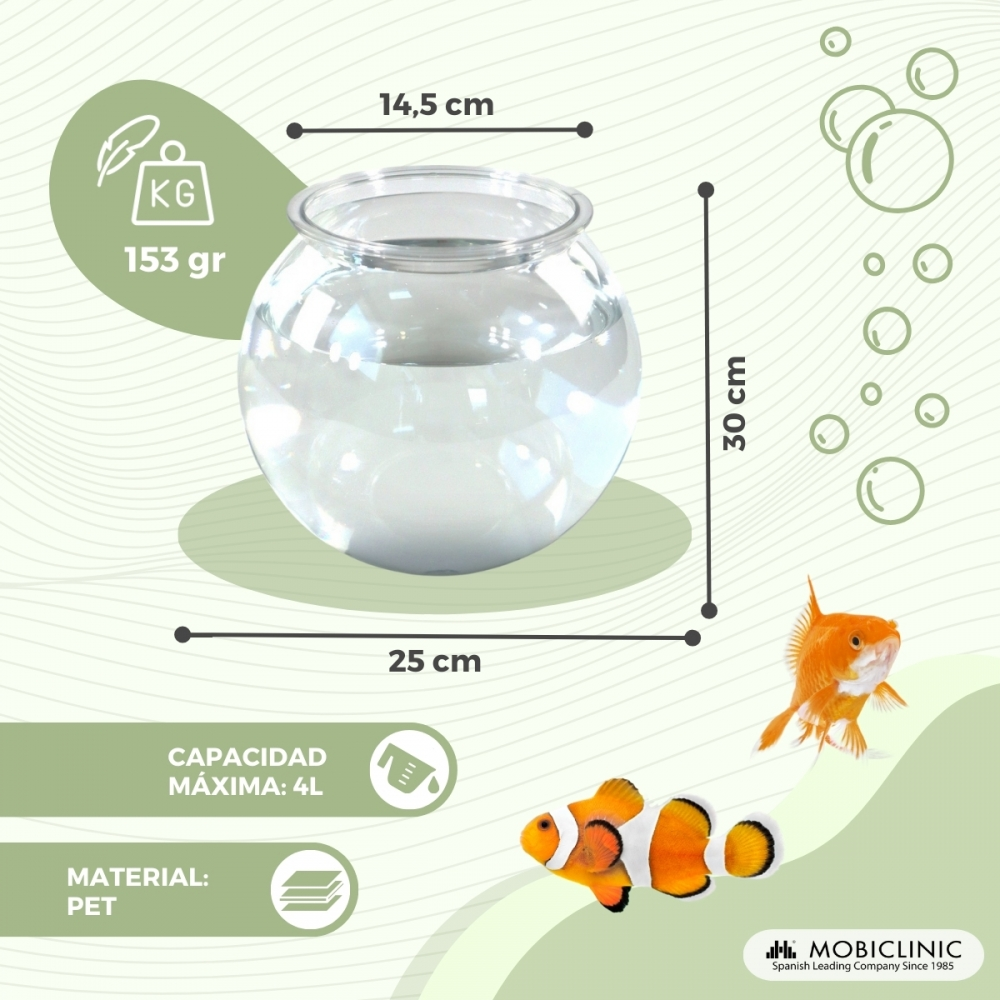 Un pecera con agua, dos peces. Se muestran dimensiones y capacidad. El recipiente mide 25 cm x 30 cm y tiene una capacidad de 4L. Material: PET.