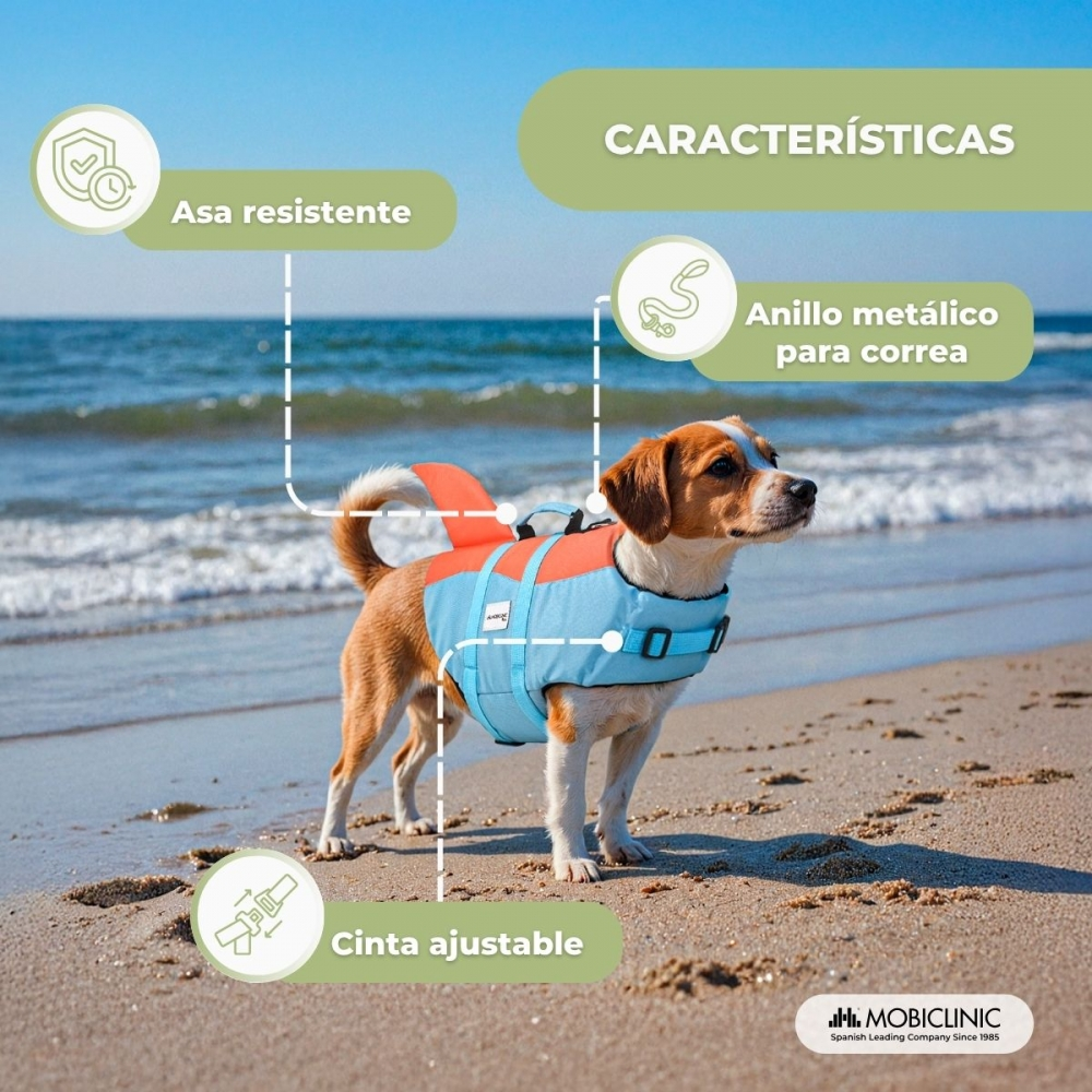Un perro en la playa con un chaleco salvavidas azul y naranja. El chaleco tiene un asa, correas ajustables y un anillo metálico para la correa.