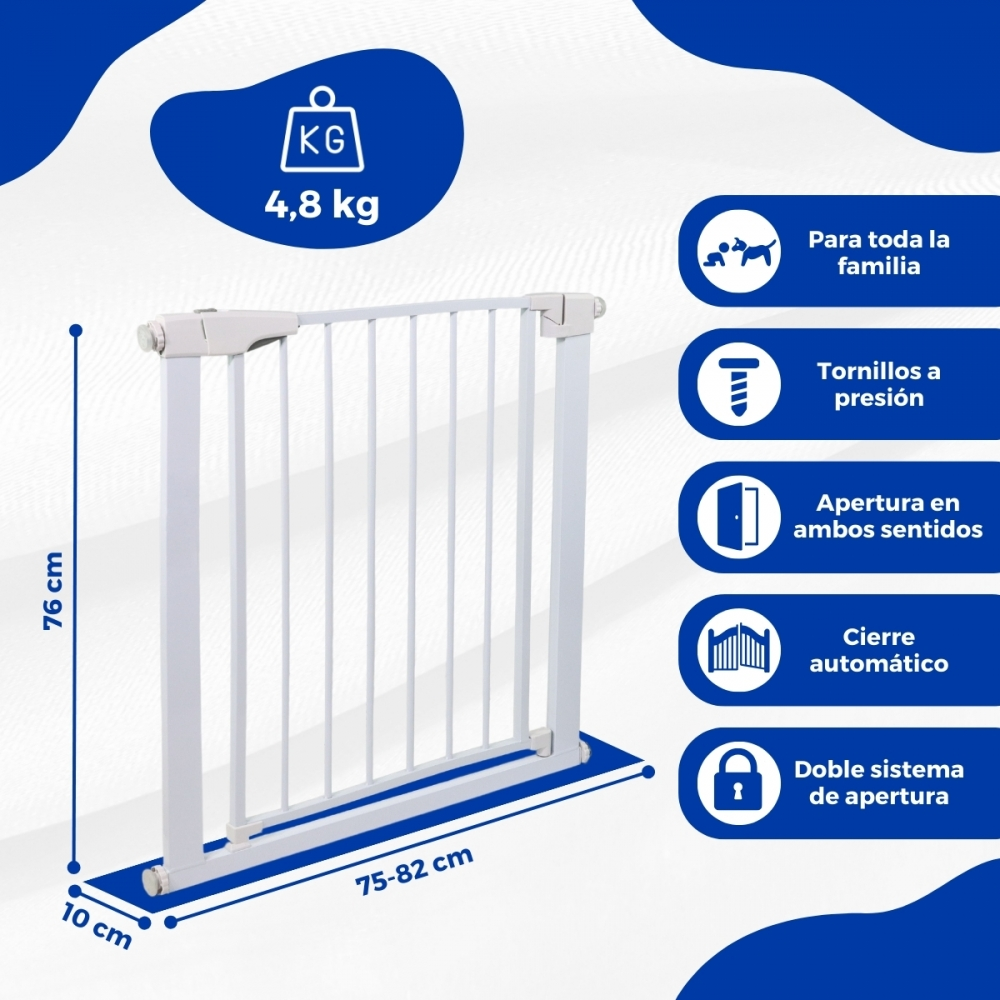 Barrera de seguridad blanca con dimensiones. Características: tornillos a presión, doble apertura, cierre automático y doble sistema de cierre.