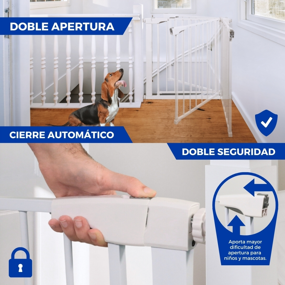 Se muestra una barrera para bebés blanca. Un perro mira hacia arriba. La barrera tiene doble apertura y cierre automático. Se destacan las características de seguridad.