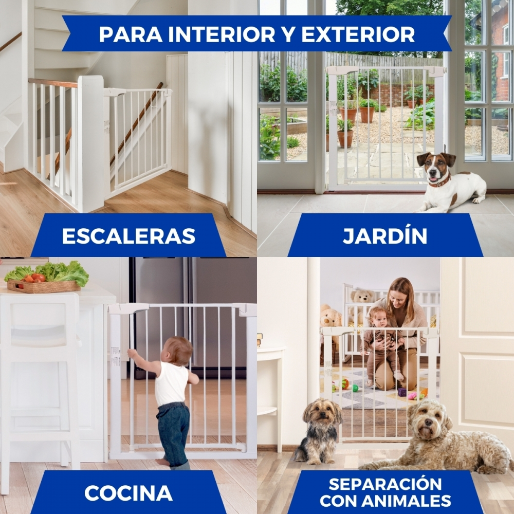 Un collage que muestra barreras de seguridad en diferentes entornos: escaleras, jardín, cocina y separación de animales. Cada escena incluye la barrera.