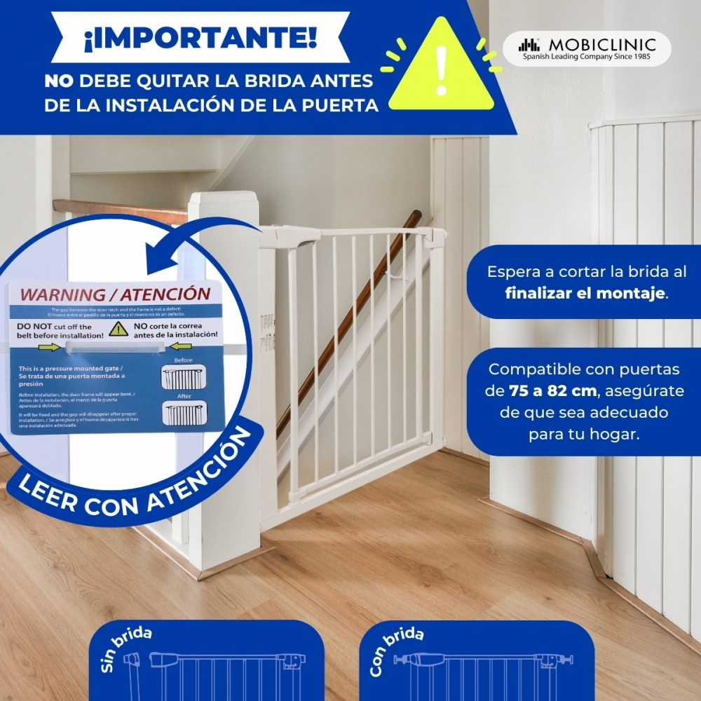 Puerta de seguridad blanca en escaleras, advertencia sobre no quitar la correa antes de la instalación. Texto en español.