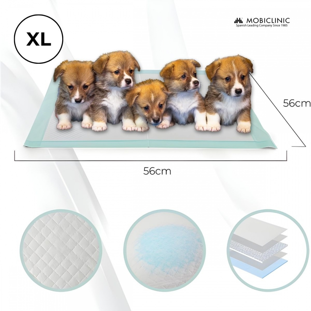 Cinco cachorros corgi en una almohadilla azul. Etiqueta de tamaño XL. Se muestra una medida de 56 cm. Tres círculos de detalle muestran las capas de la almohadilla.