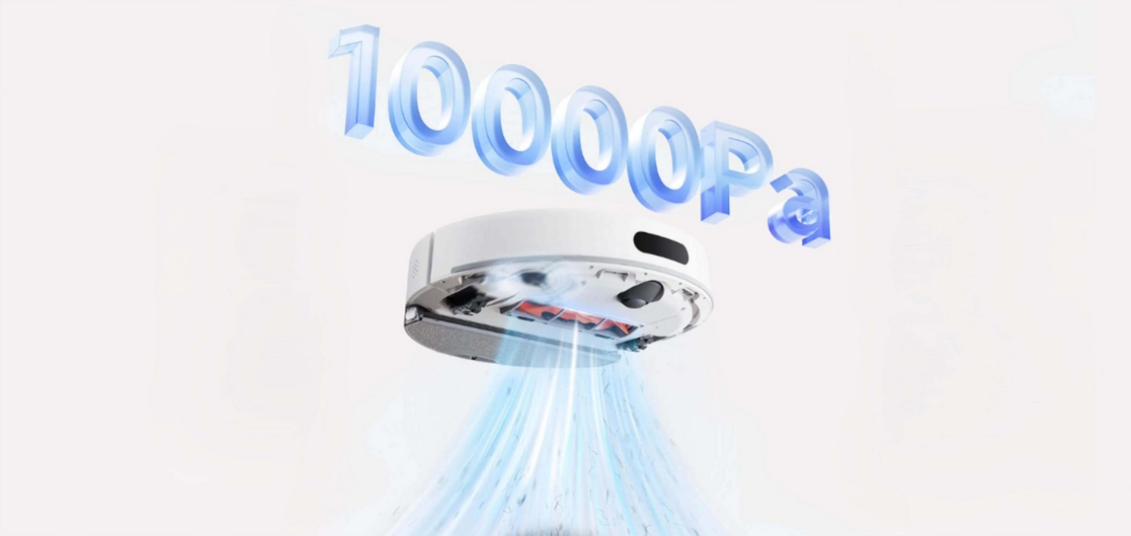 Een witte robotstofzuiger met de tekst 10000Pa erboven. Blauwe luchtstromen komen uit de stofzuiger. Witte achtergrond.