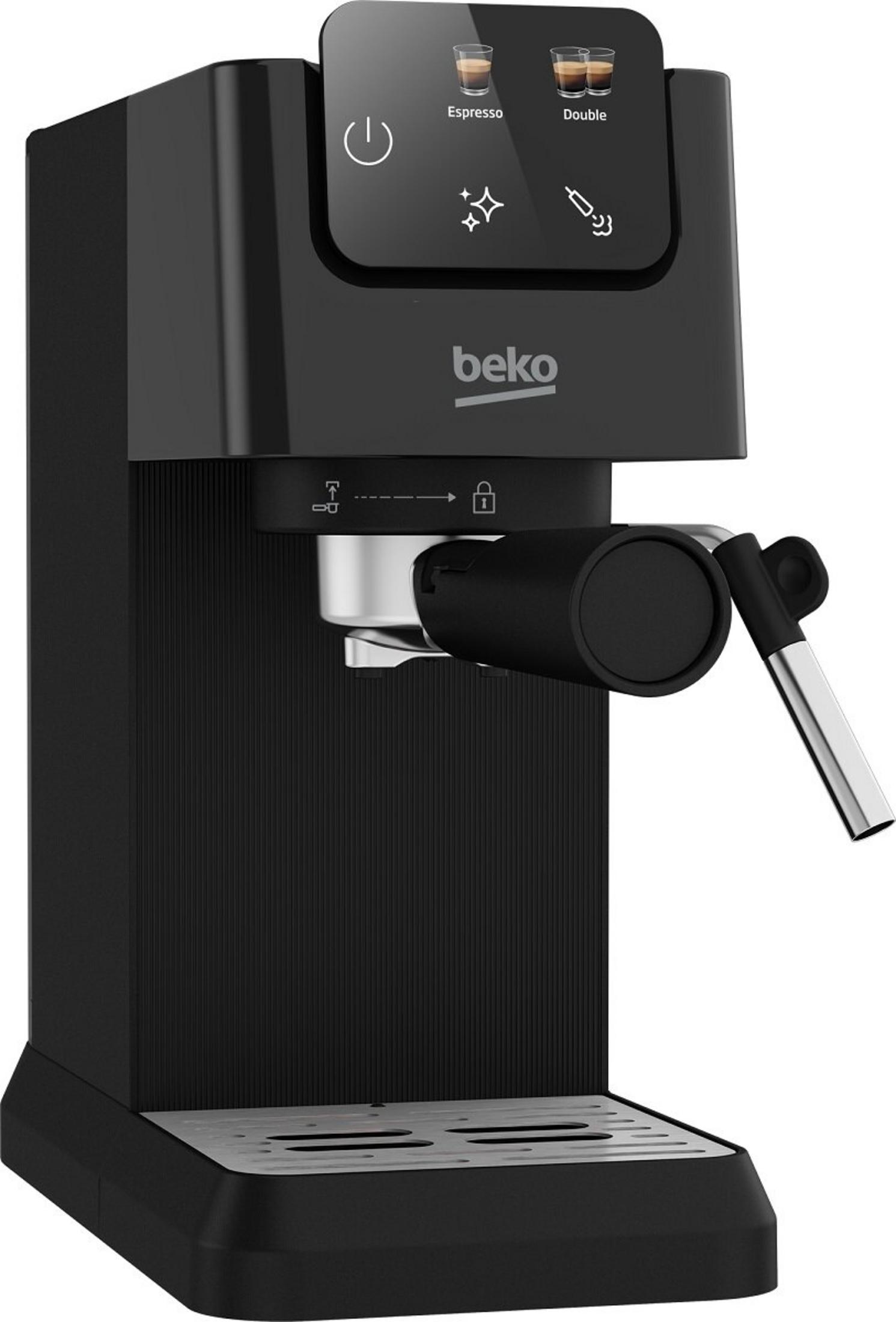 Schwarze Beko Espressomaschine. Merkmale sind: Ein/Aus-Taste, Espresso/Doppel-Optionen, Dampflanze und Tropfschale.