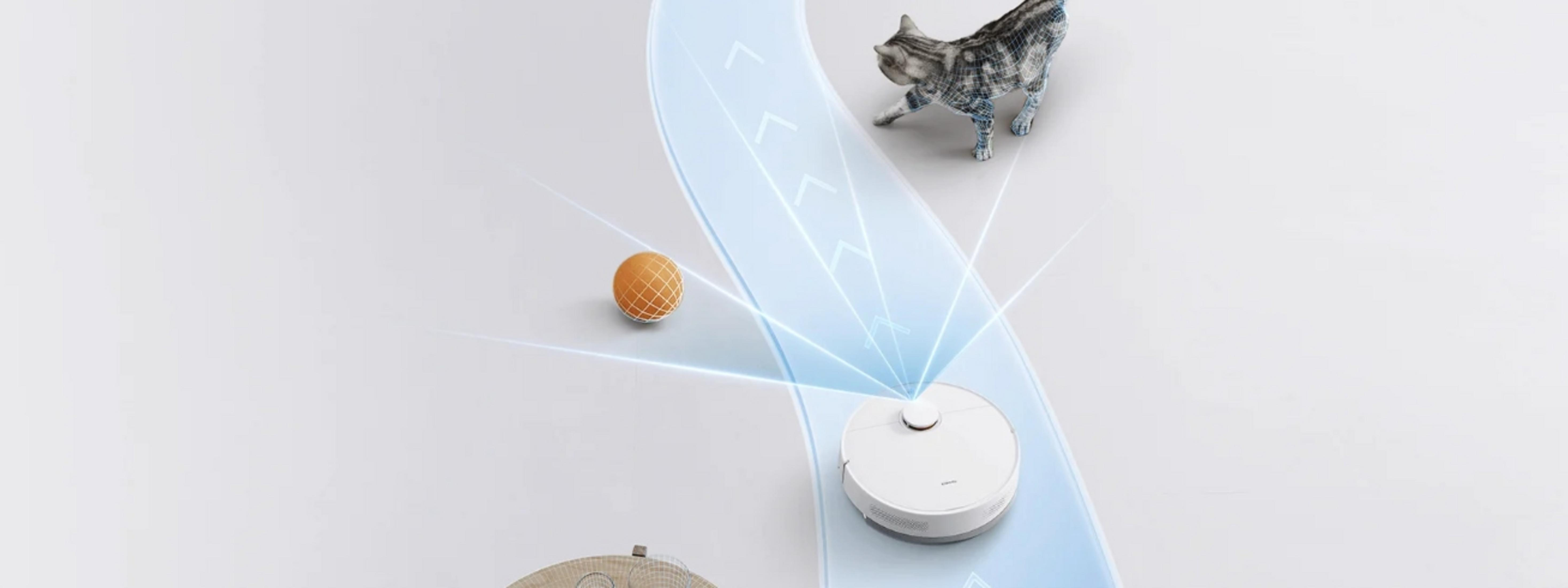 Un aspirateur robot blanc suit un chemin bleu. Un chat et une balle orange sont également présents.