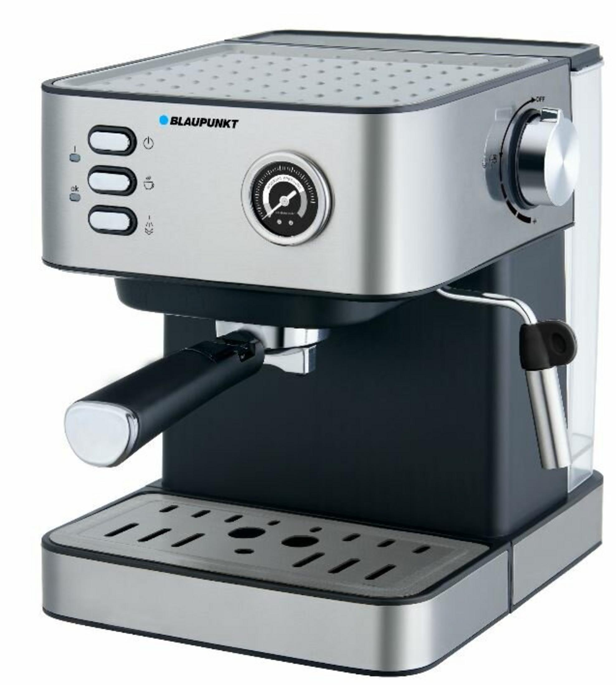 Srebrno-czarny ekspres do kawy. Ma przyciski, wskaźnik, dyszę do pary i tackę ociekową. Marka to Blaupunkt.
