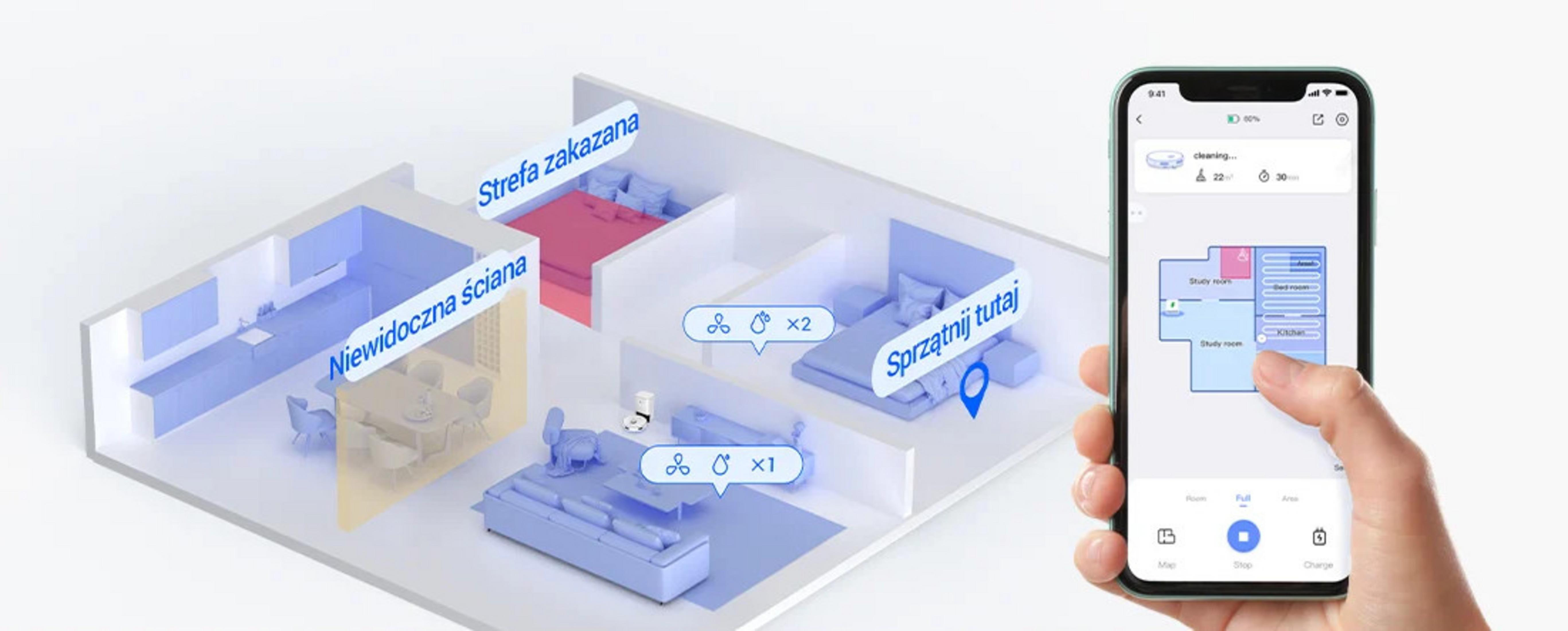 Un telefono mostra una mappa della stanza con un layout del robot di pulizia. Una mano tocca lo schermo. Un modello 3D della casa mostra le aree di pulizia.