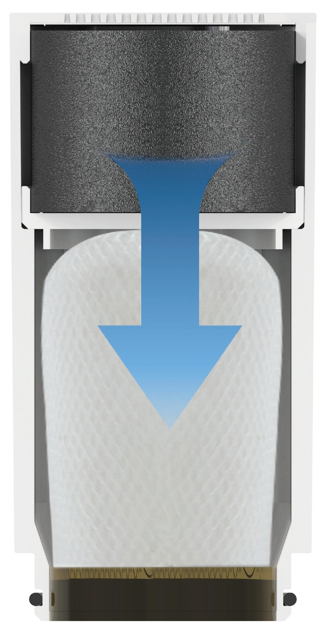 Querschnitt eines Filters. Blauer Pfeil zeigt den Wasserfluss. Oben: schwarzer Filter. Mitte: weißer Filter. Unten: braune Basis.