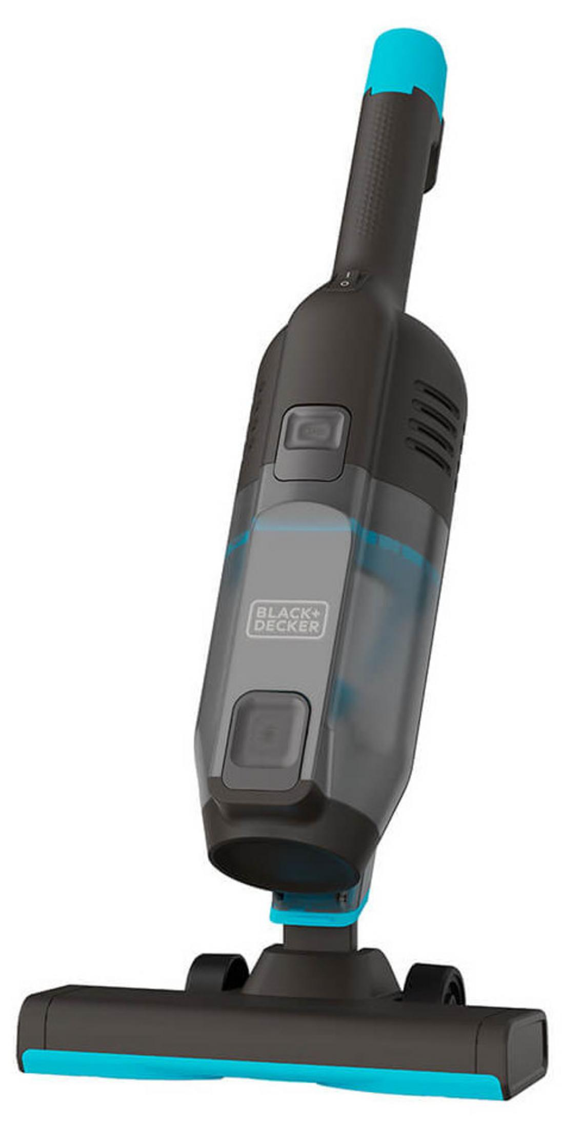 Un aspirapolvere portatile. È nero e grigio con dettagli turchese. Il marchio Black+Decker è visibile.