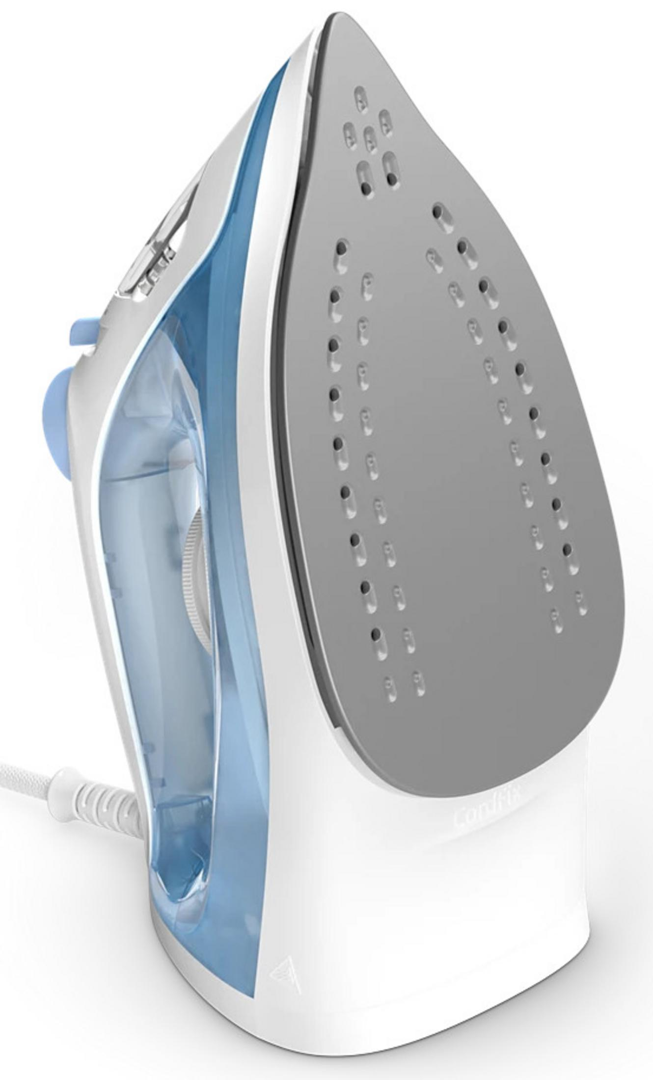 A white and blue iron with a gray soleplate. It has a water tank. The cord is white. The iron is on a white surface.