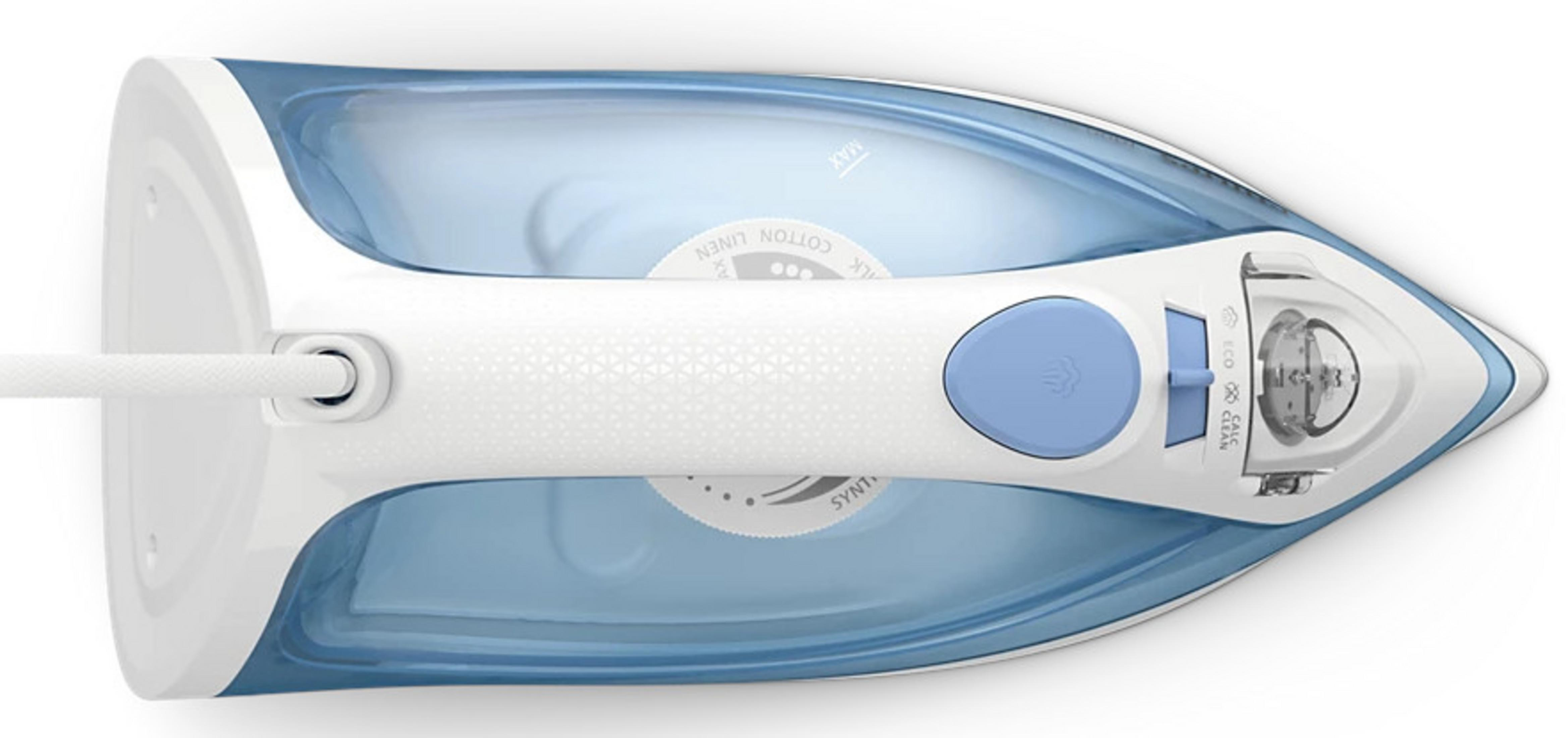 Top view of a blue and white iron. It has a white cord and various settings for different fabrics.