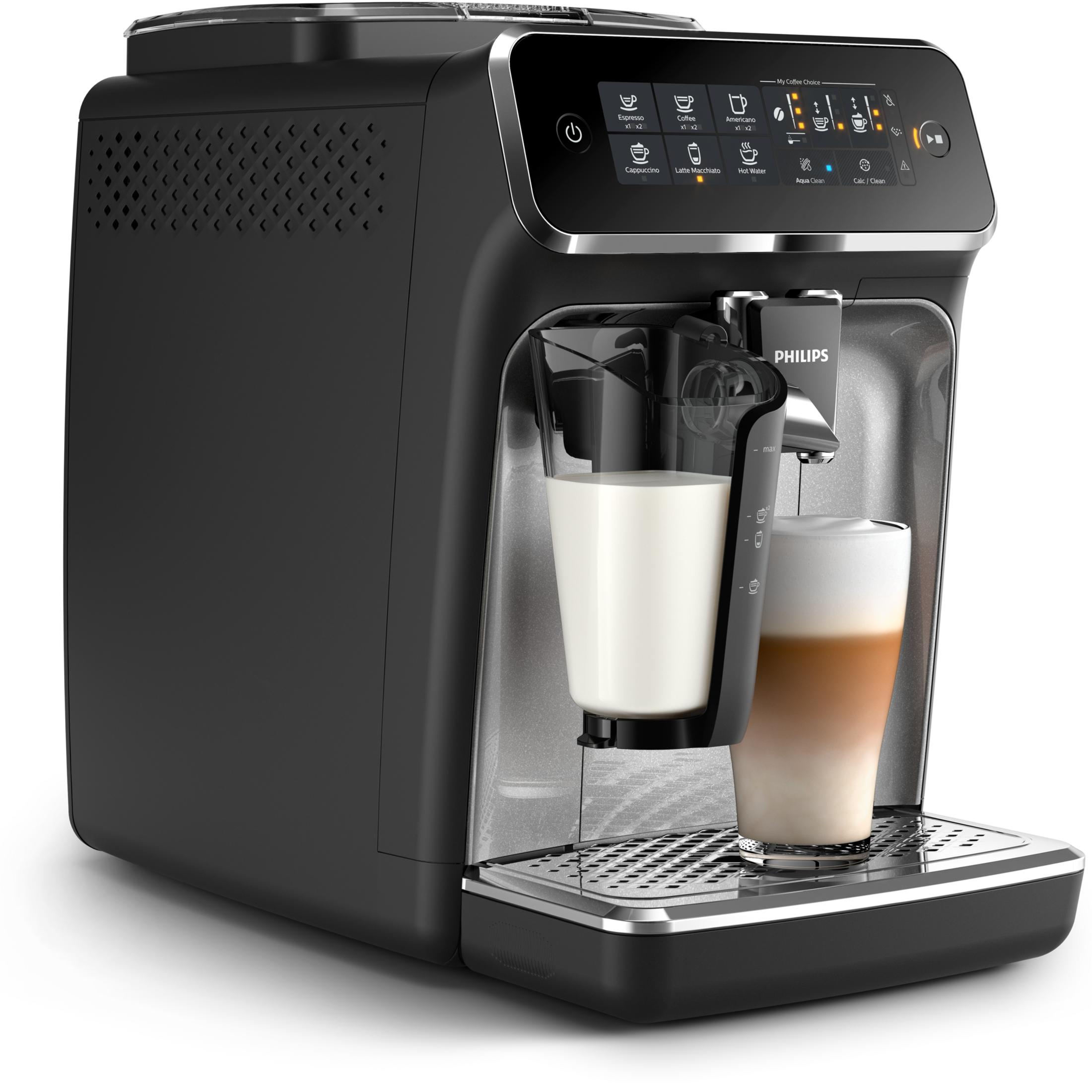 Siyah ve gümüş renkli bir Philips espresso makinesi. Bir bardak süt ve bir bardak latte görüntüleniyor. Makine dijital bir arayüze sahip.