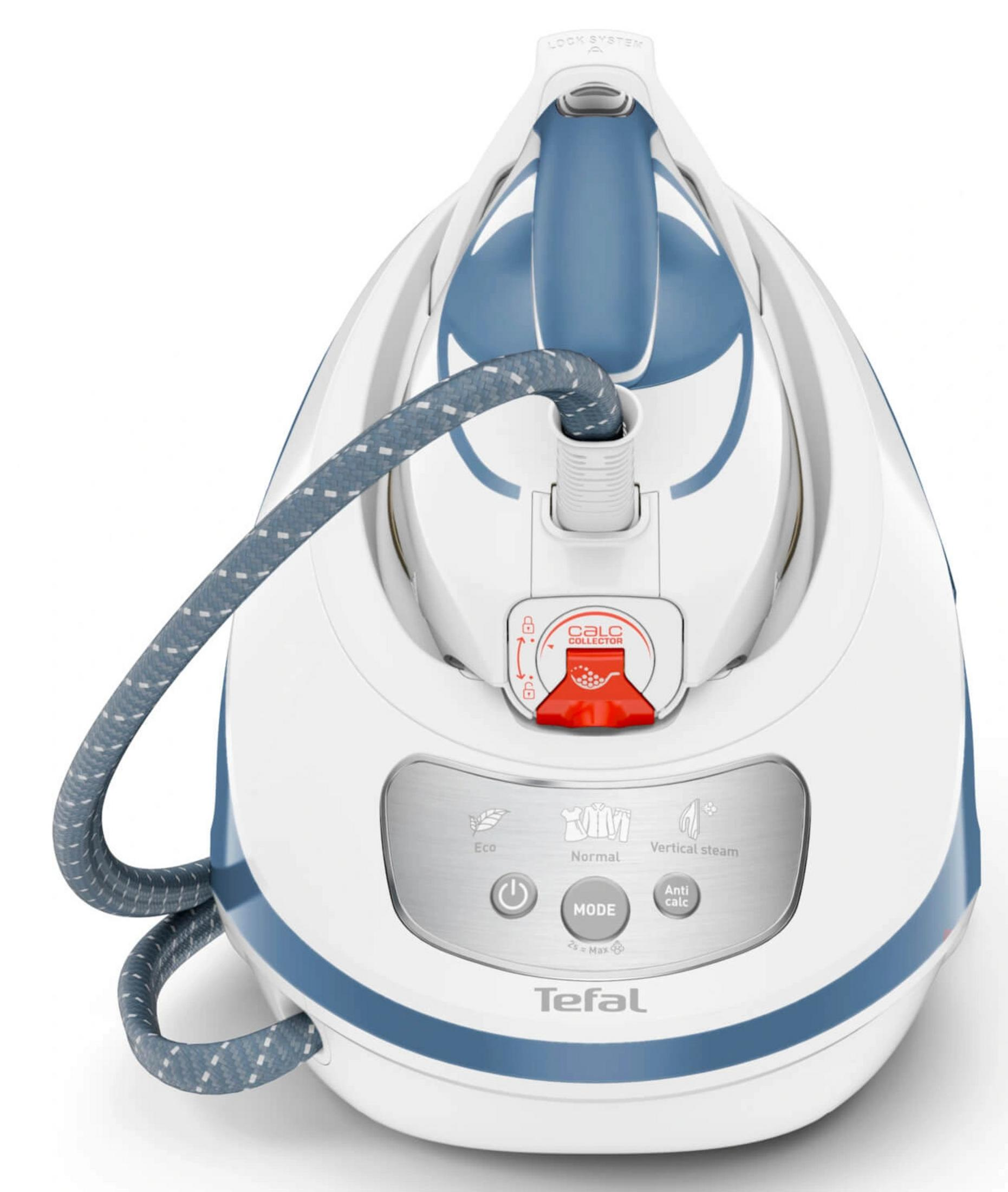 Ein weiß-blaues Tefal Dampfbügeleisen. Zu den Merkmalen gehören Dampfeinstellungen, ein Kalksammler und ein blaues Kabel.