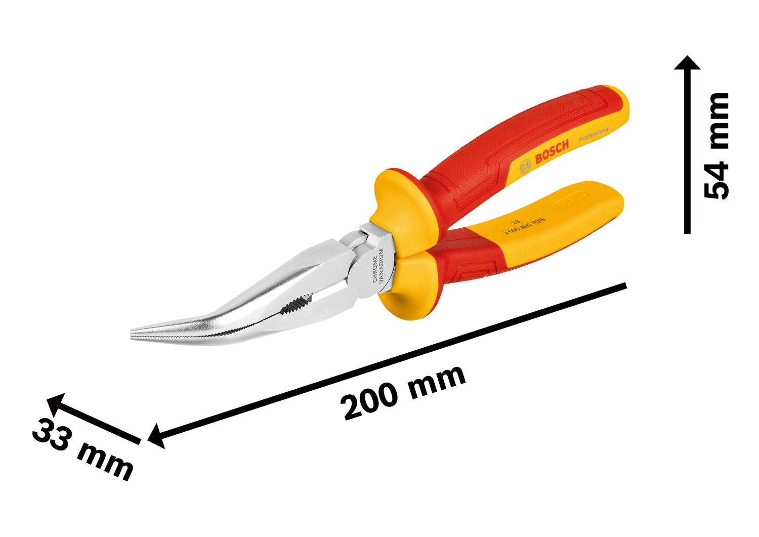 Bir Bosch uzun burunlu pense. Kırmızı ve sarı renkte, 200 mm, 54 mm ve 33 mm ölçülerinde. Beyaz zemin üzerinde.