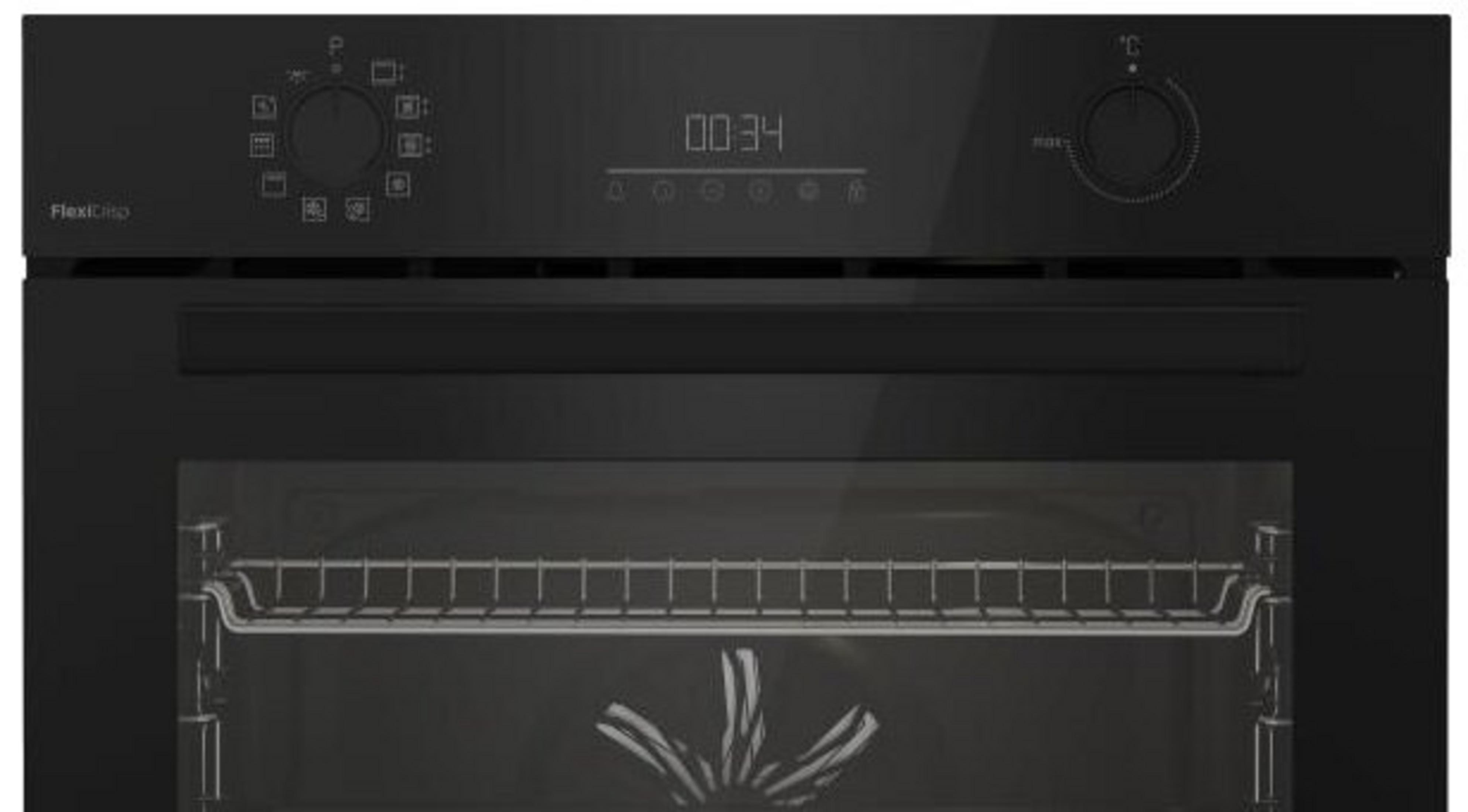 Forno nero con display digitale 00:34. Ha manopole, porta in vetro e griglia metallica all'interno.