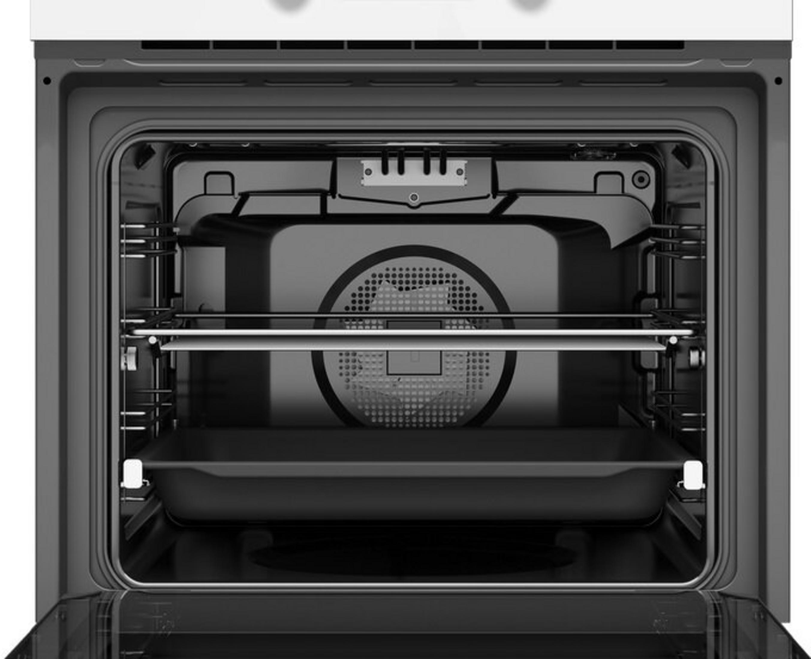 Otwarty piekarnik. Blacha do pieczenia na dole, okrągły otwór wentylacyjny z tyłu. Obecne metalowe ruszty.