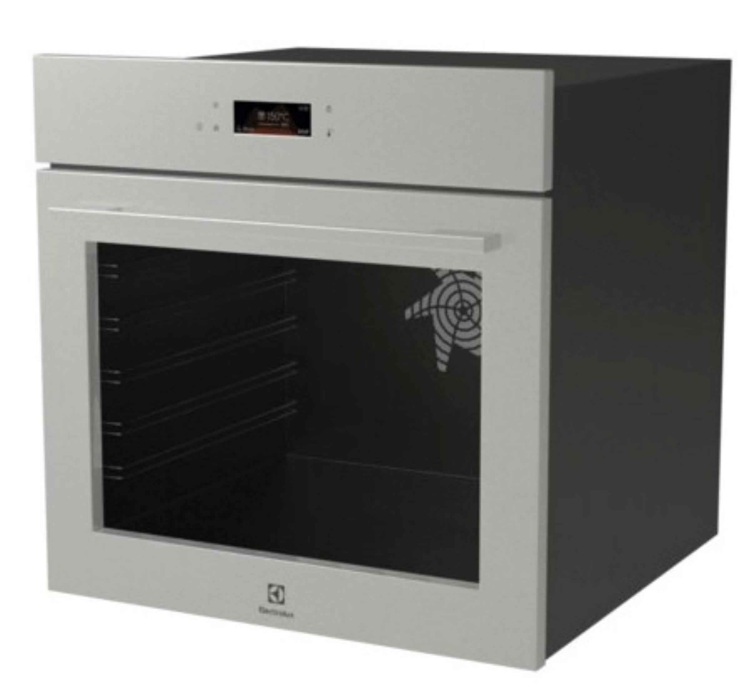Un forno moderno con display digitale a 150°C. Ha una porta a vetro e una ventola interna. L'esterno è argentato.